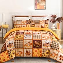 Cottolester Thanksgiving Duvet Cover Set Queen, Pumpkin Sunflower Bedspread | Turkey Pumpkin Sunflower Comforter Cover, Fall Harvest Themed for Guest Room,Farmhouse Thanksgiving Gift for Family