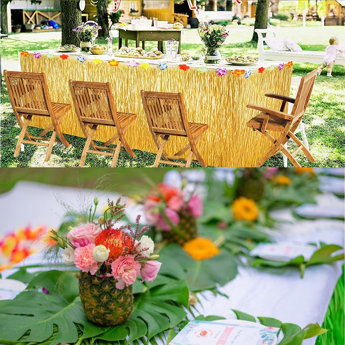 AQXONG 145 Pcs Hawaïenne Luau Table Jupe Set de Décoration, Kit de Décoration de Fête Hawaïenne, Décorations de Fête Hawaïennes, Fleurs, Parfait pour L'été à la Plage et les Soirées à Thème