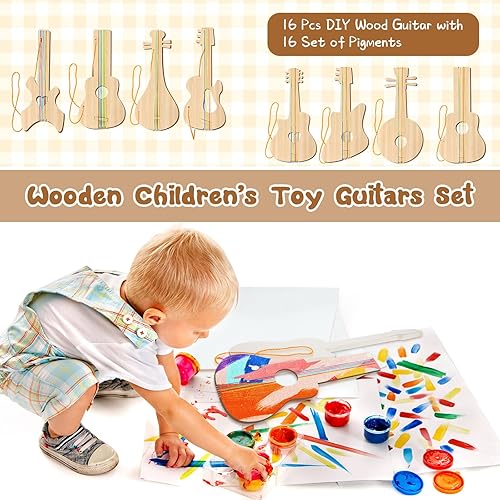 Miniatura 5 de Syhood 24 recortes de guitarra de madera para niños, 12.4 x 6.5 pulgadas, recortes de guitarras de madera para niños y niñas, instrumento musical de