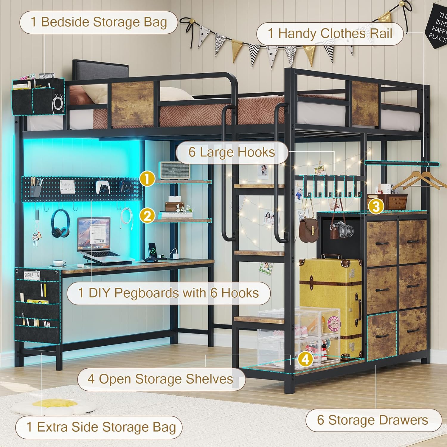 Loft Bed Full Size, Loft Bed with Desk, Bunk Bed with Desk, 6 Storage Drawers & 4 Open Shelves & 2 Storage Bags, LED Lights & Charging Station, Safety Guardrail, No Box Spring Needed, Brown