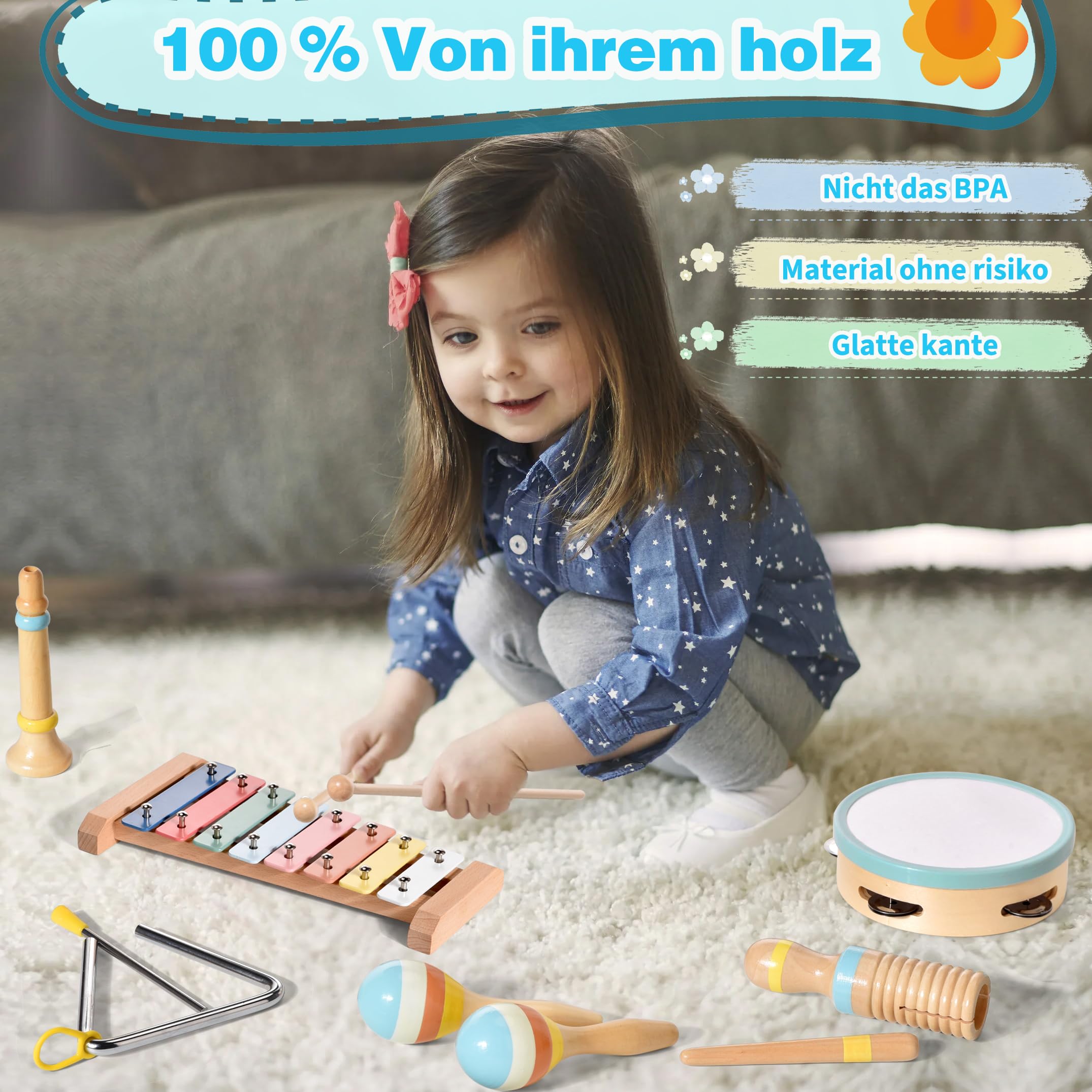 Strumenti Musicali Bambini 1 Anno,6 in 1 Giochi Legno Montessori Sensoriale con Maracas Xilofono Tamburello Gioco Bambi Bimba,Educativi Interattivo Regalo Compleanno Natale per Bambini di 2 3 4 5 Anni