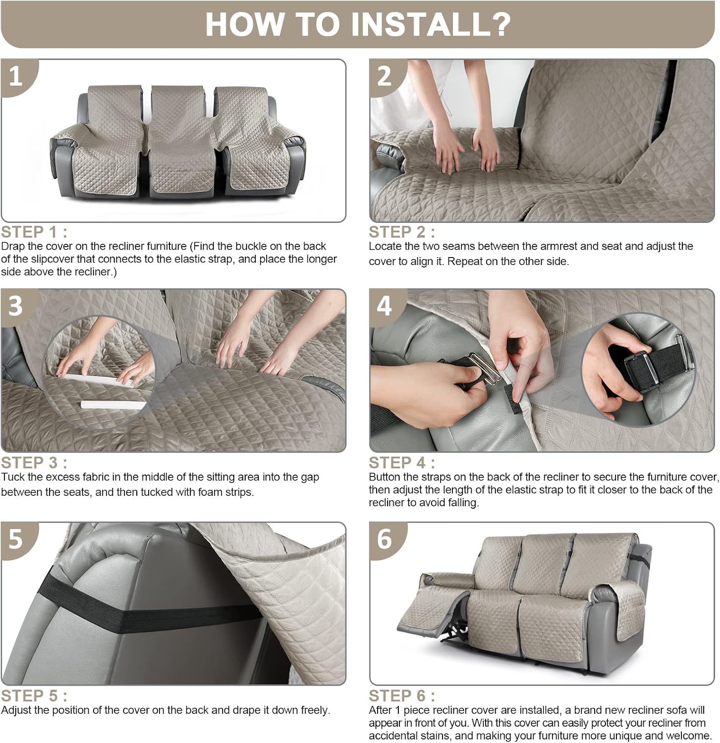 TAOCOCO Recliner Sofa Slipcover Couch Covers for 3 Cushion Couch, Pet Sofa Cover for 3 Seat Recliner Sofa, Washable Reclining Sofa Cover Furniture Protector with Elastic Straps(3 Seater, Taupe) : Home & Kitchen