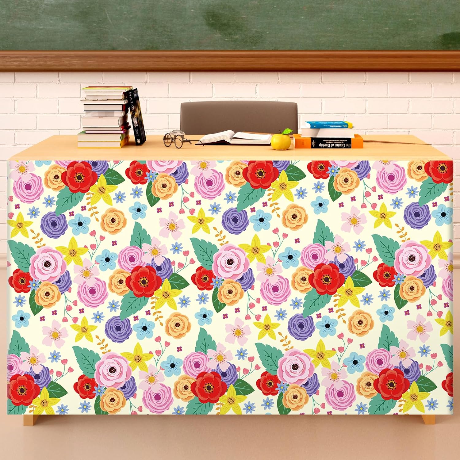 6FT Floral Table Skirt Teacher Desk Skirt Flowers Classroom Table Cover for Back To School Decor Classroom Tables Cloths for First Day Of School Supplies Office Bookcase Cabinet Decorations