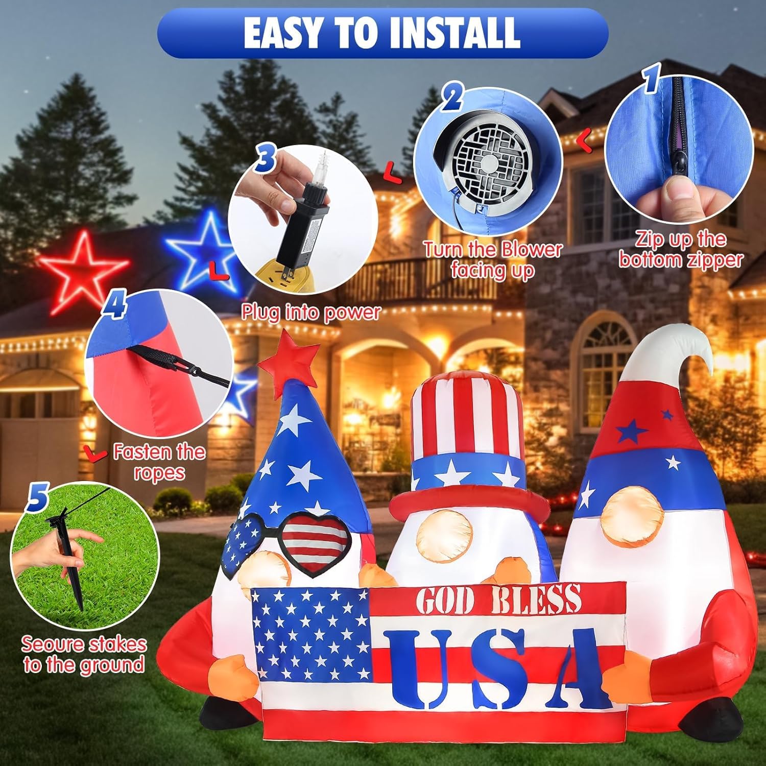 4th of July Inflatables Outdoor Decorations 6FT Long Patriotic Inflatable Memorial Independence Day Blow Up Gnome American Flag Led Lights Fourth of July Blow Ups Garden Yard Lawn Décor