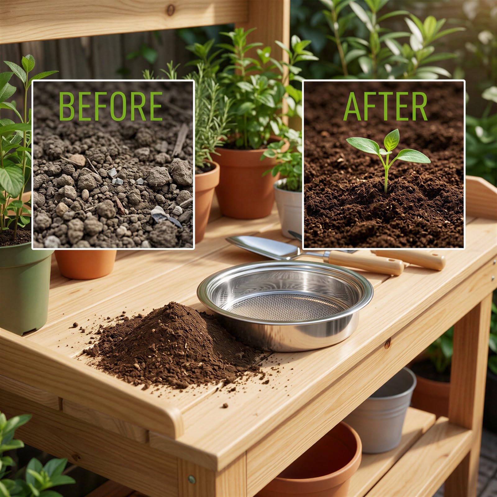Bodensieb-Set, Gartenerdsieb-Set mit Edelstahl-Maschensieb, Siebpfanne mit 5 Maschengrößen von 0,04 bis 0,48 Zoll und Bonsai-Erdlöffel, Gartensieb-Set für Erde, Kompost und Topferde