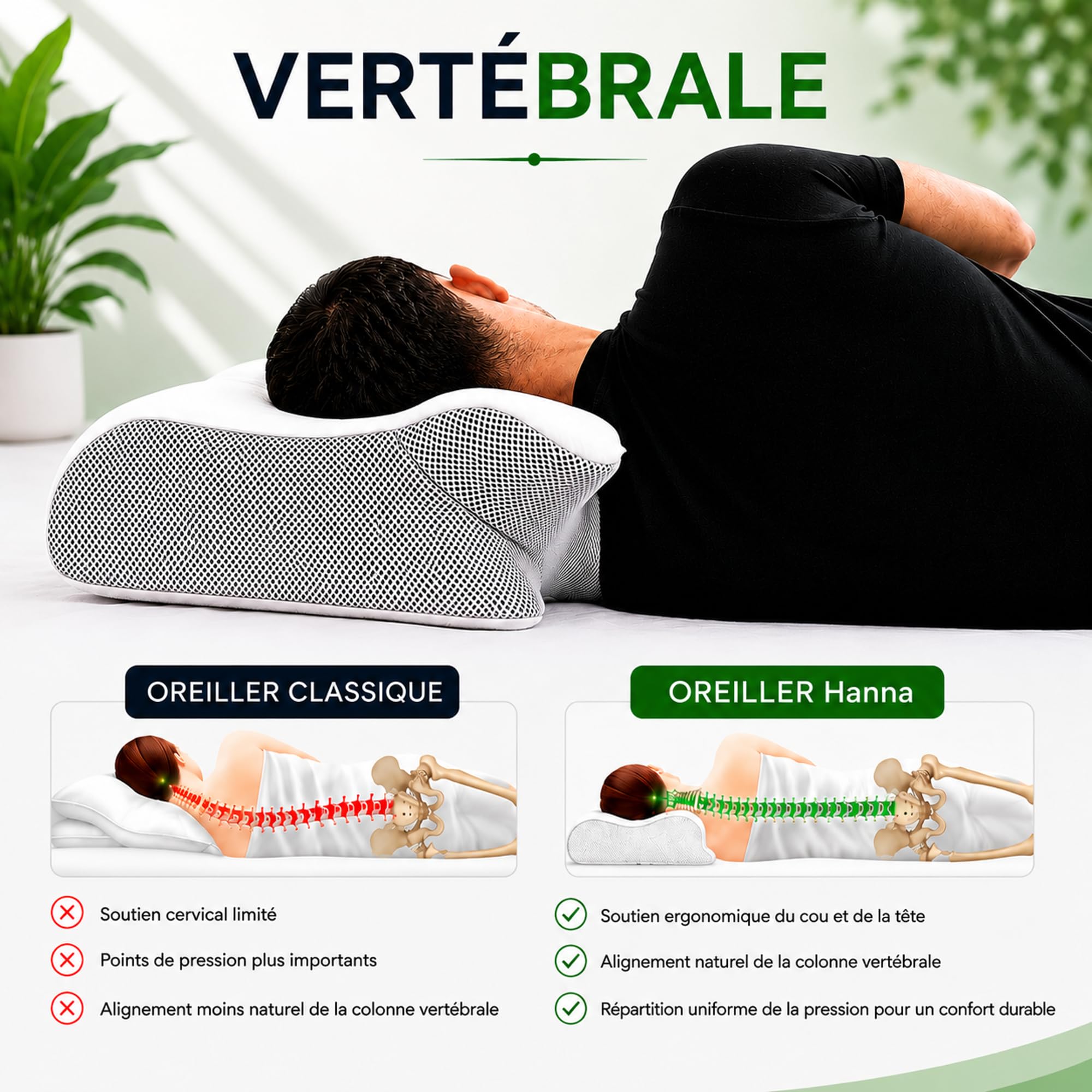 ByDar Oreiller Hanna 2 en 1 - Cervical Ergonomique, Mousse Mémoire de Forme, Orthopédique, Soutien Cou et Nuque, 2 Housses Lavables, pour Dormir Dos, Côté et Ventre