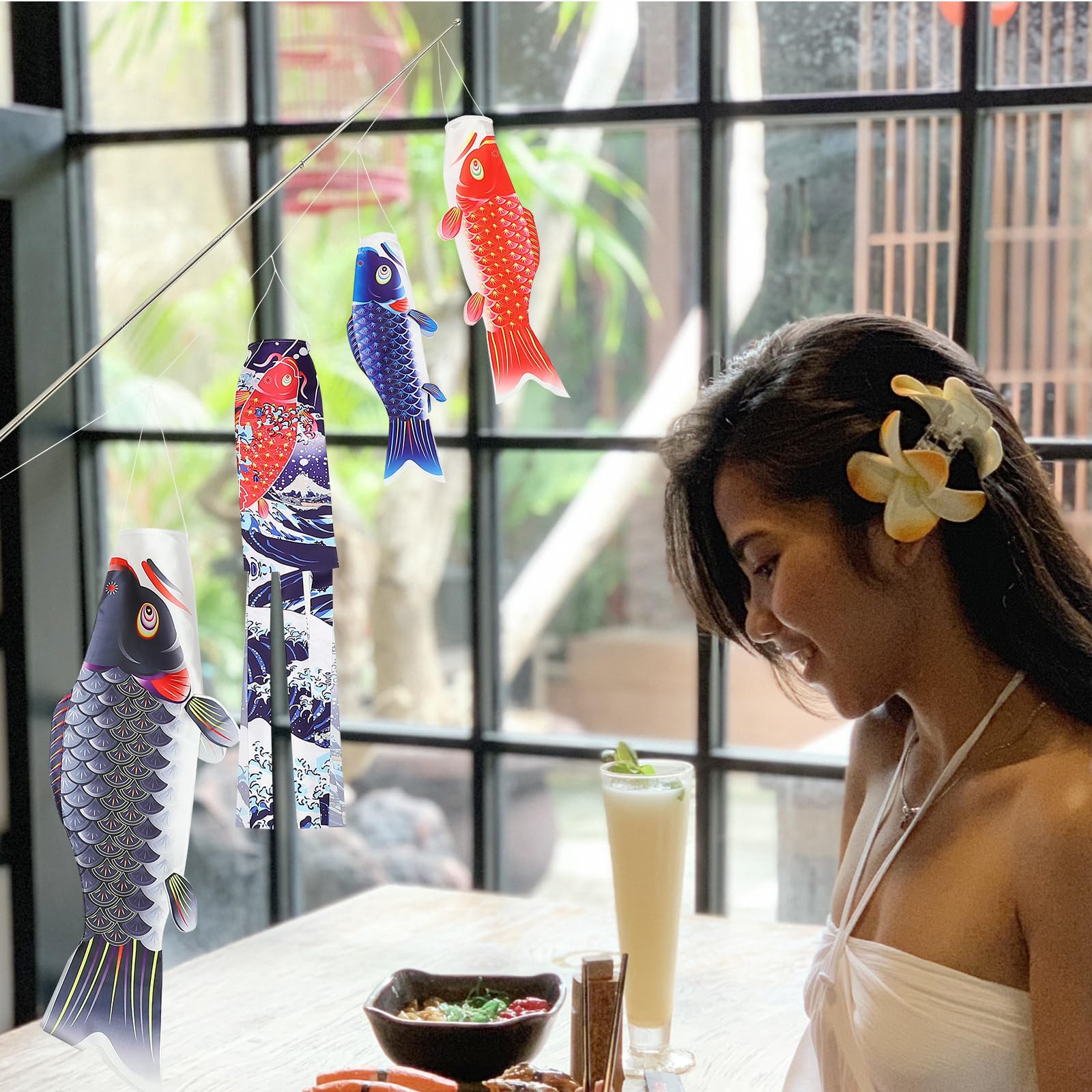 PACKOVE Manga de Viento para Peces al Aire Libre Estilo Japonés Material de Satén y Metal, Decoración Colgante Práctica y Elegante para Jardín y Terraza Exterior