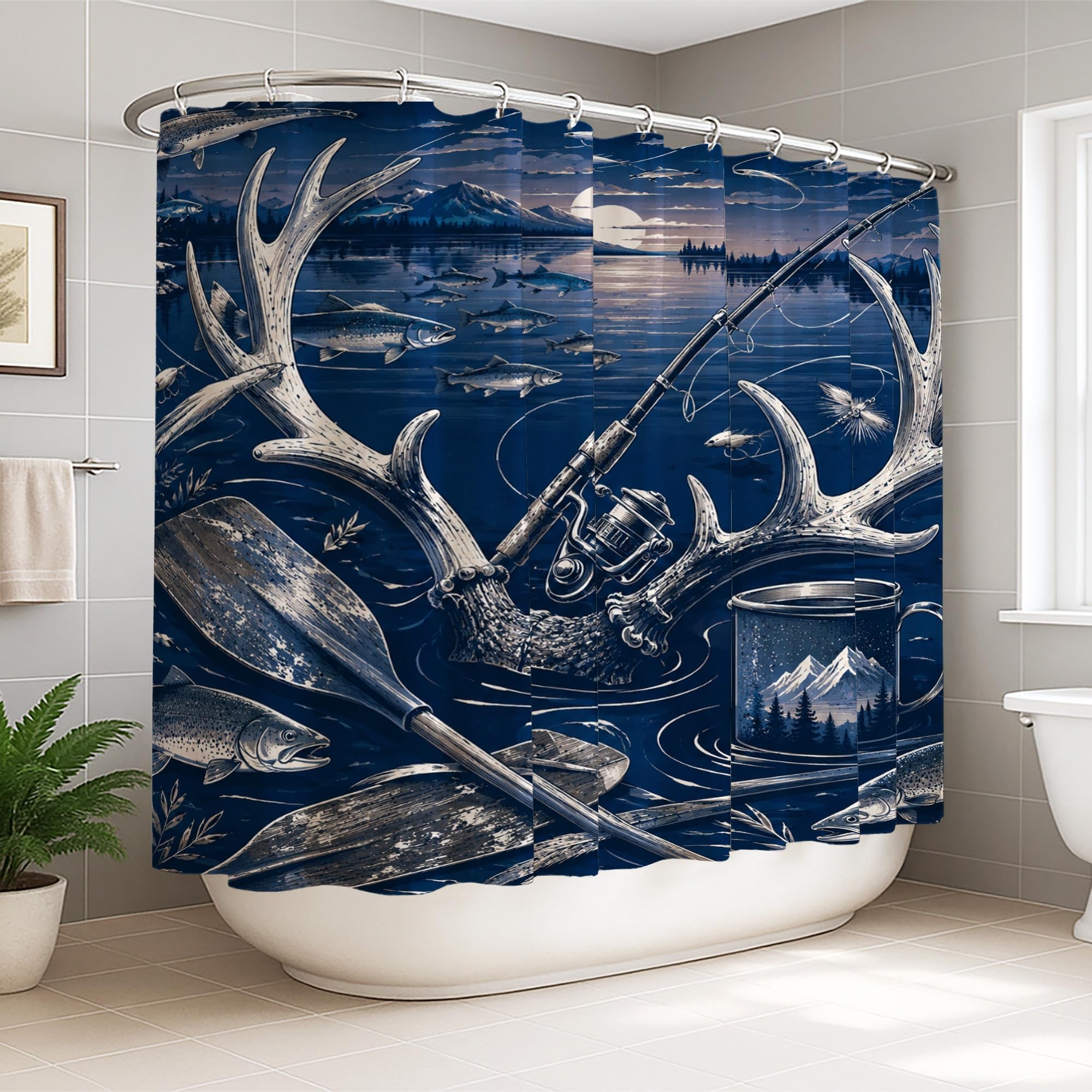 Rideau de douche extra large imperméable motif poisson bleu marine rustique pour salle de bain 274x183