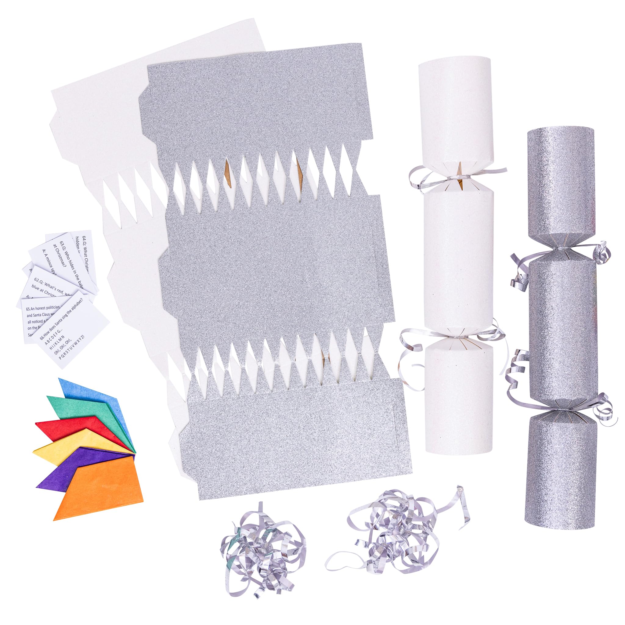 evelay 12 Make Your Own Christmas Cracker Kit DIY Silver & White Glitter Crackers Hats Snaps Jokes (Silver, White)