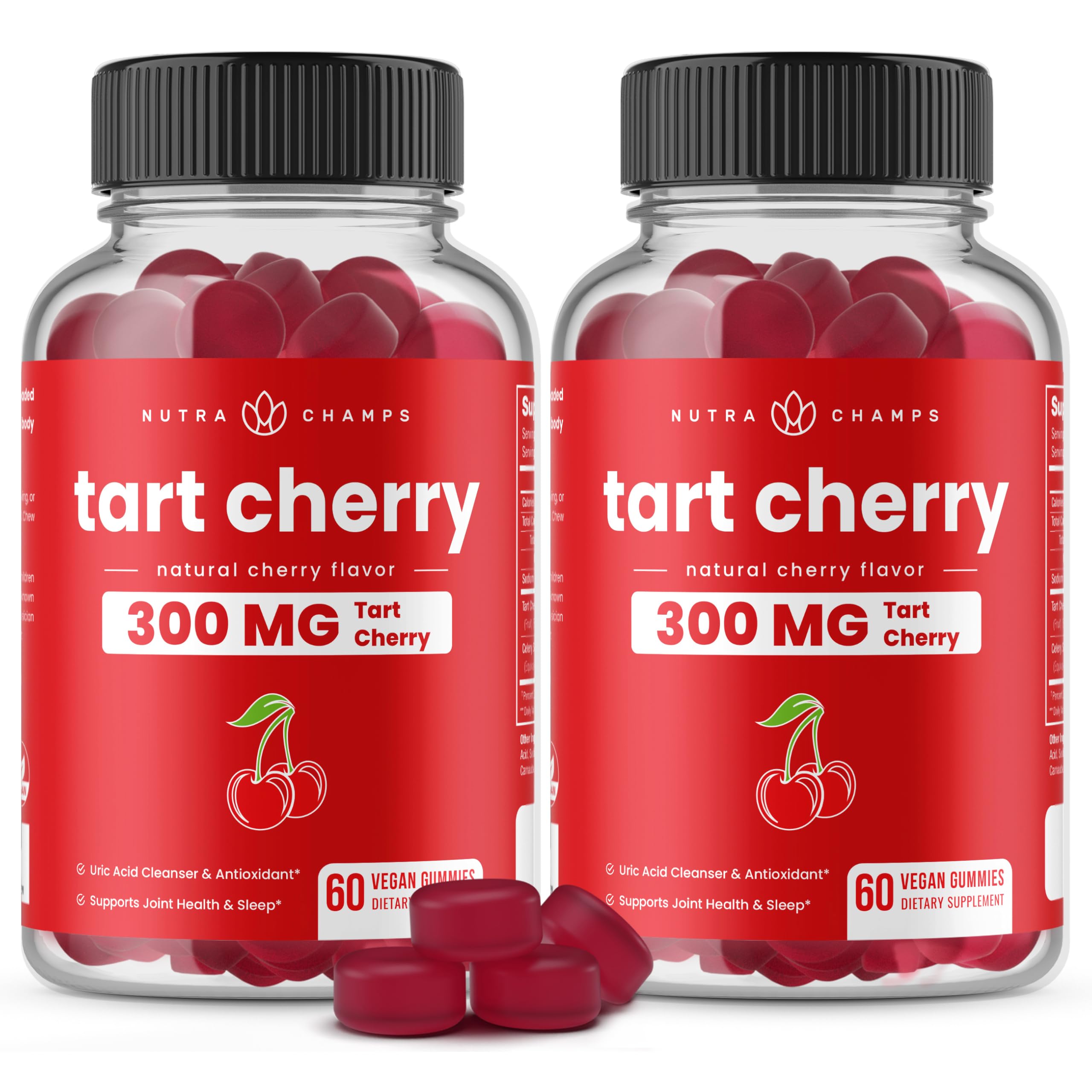 NutraChampsタルチェリーグミ - 3000mgタルトチェリーエキスとチェリーシード - 尿酸クレンジングサプリメント - 抗酸化剤、関節の快適さ、柔軟性、免疫の健康、睡眠 - 60ビーガングミー(2パック)