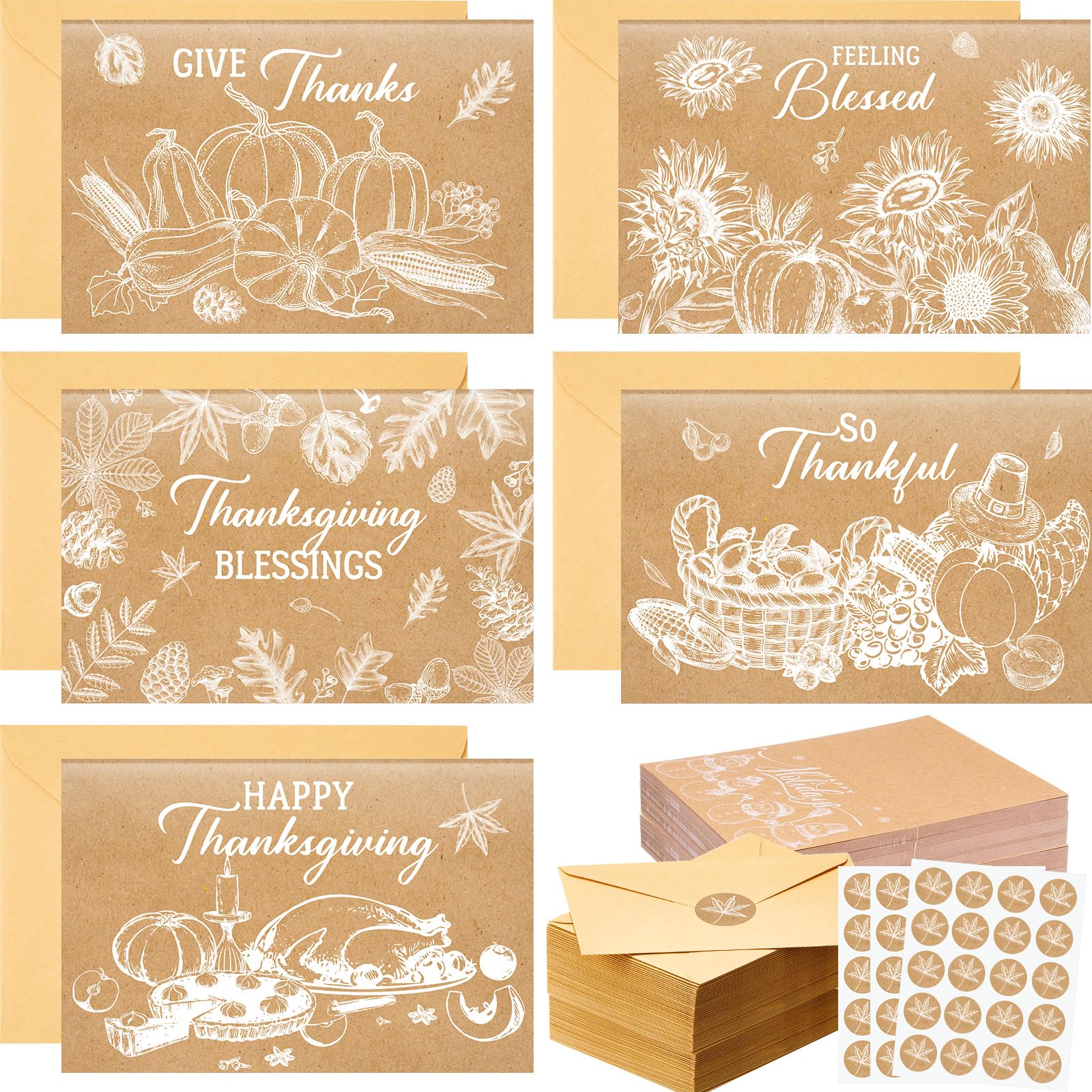 Set di 200 biglietti di auguri per il Ringraziamento, in carta kraft, con buste, adesivi, regali di ringraziamento per amicizia, feste, feste, 10 x 15 cm