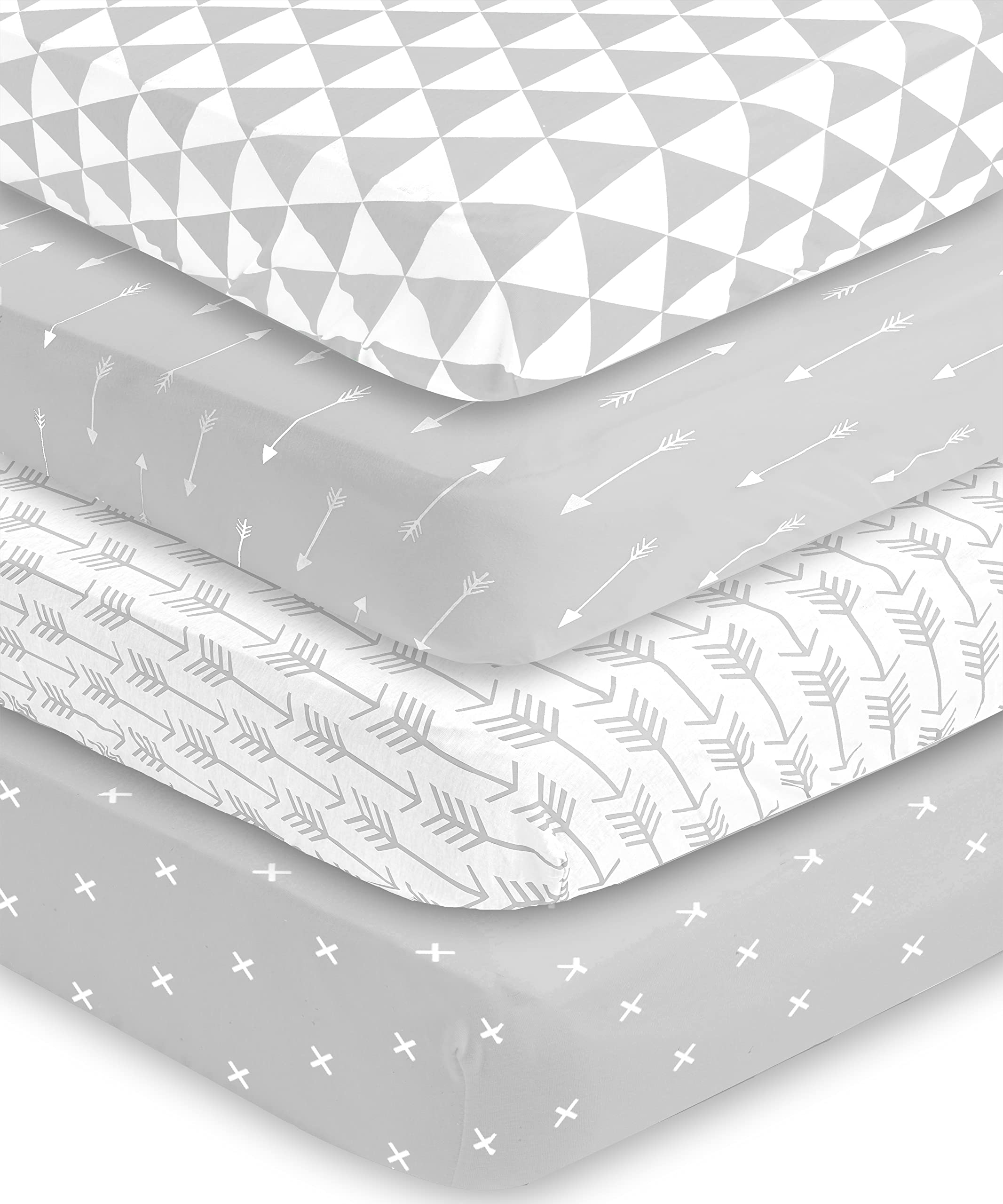 BaeBae Goods Sábanas de cuna para bebés niños y niñas, paquete de 4, juego de sábanas bajeras de punto de jersey suave y transpirable, lindo género neutro para guardería, ajuste universal (triángulos