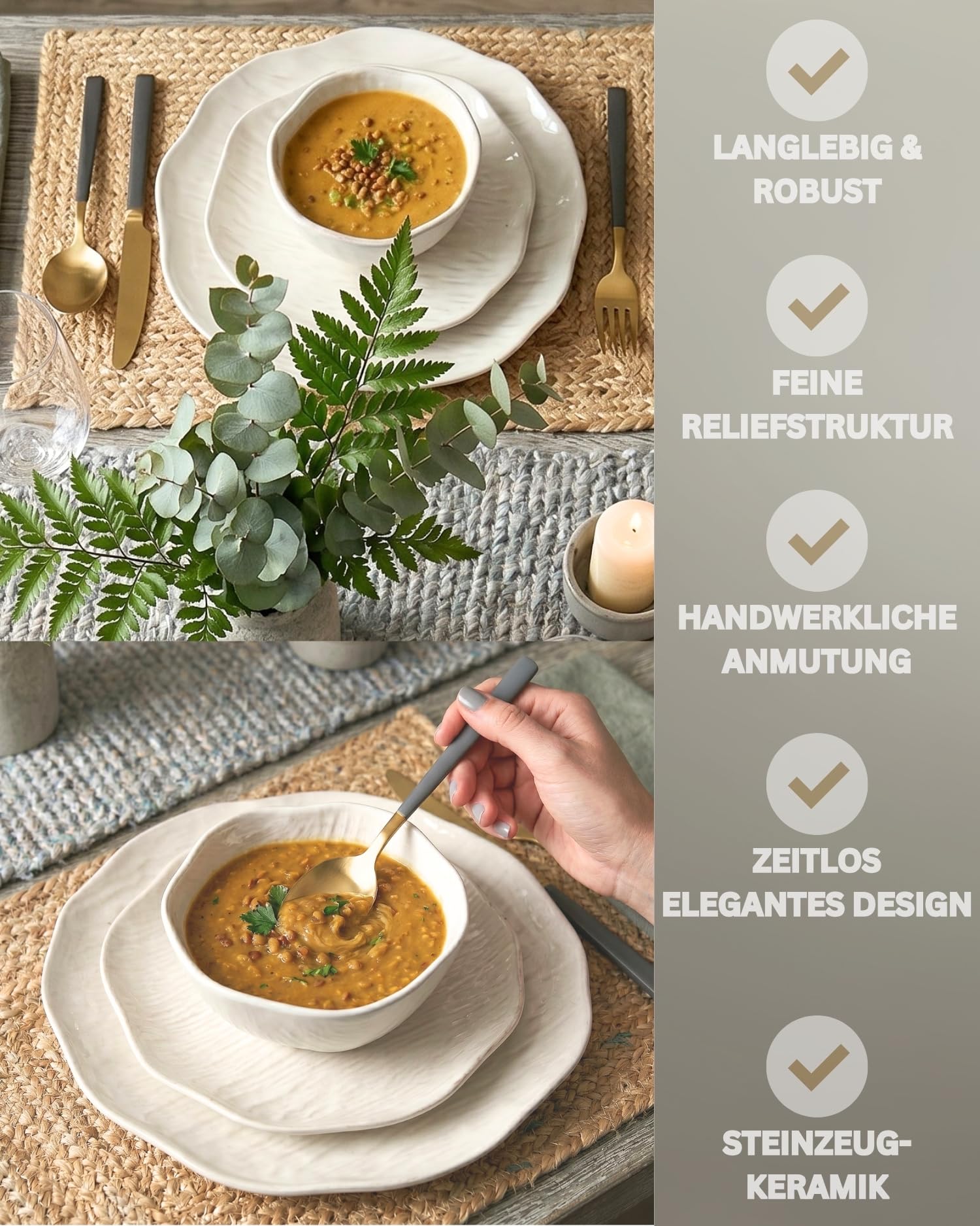 Keramik Geschirrset 27-teilig für 6 Personen – BAVARY Cermico – Weißes Tafelservice mit Wellenrand im Scandi-Look, Tellern & Schalen – spülmaschinenfest & mikrowellengeeignet