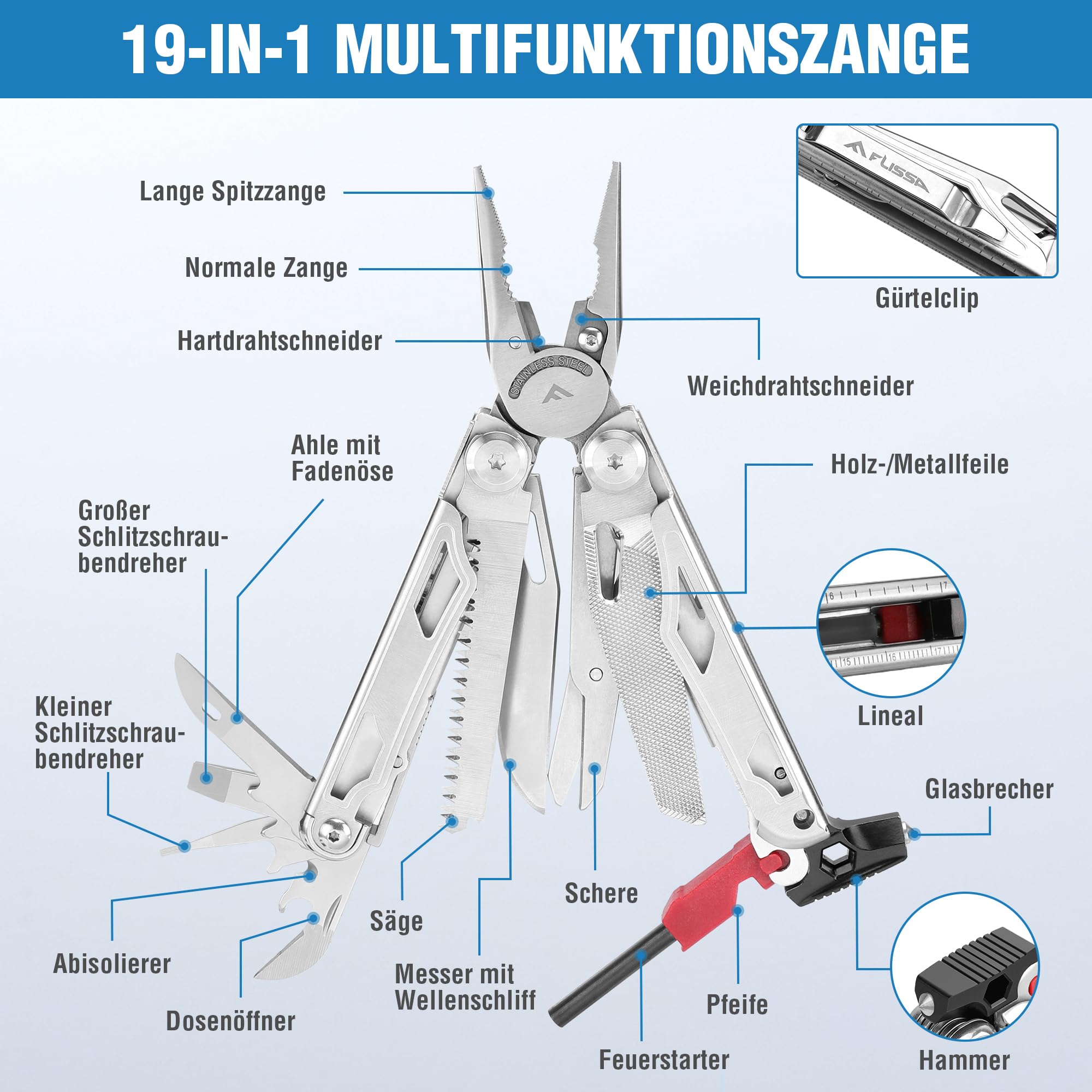 FLISSA Multifunktionszange 19-in-1, Multitool mit Glasbrecher und Feuerstarter, faltbares Multifunktionswerkzeug für Geschenke, multifunktionale Zange für Camping, mit Tragetasche, Edelstahlfarbe