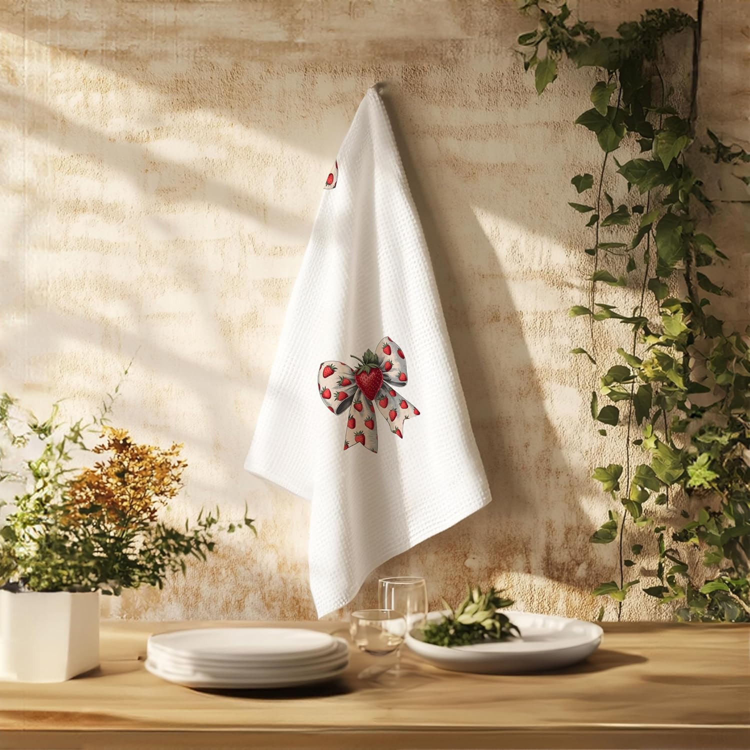 Coquette Strawberry Bow Kitchen Towels, Cute Retro Strawberry Dish Tea Towels for Kitchen Decor, Girly Preppy Aesthetic Bow Hand Towels for Bathroom Decor, 16x24 Inch - Image 3