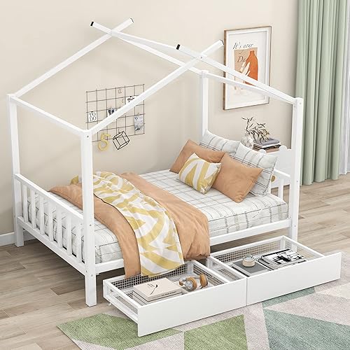 EMKK House Bed with 2 Drawers, Roof, Full Size Metal Storage Daybed Can be Decorated for Girls, Boys,Full Size Metal House Platform Bed with 2 Drawers