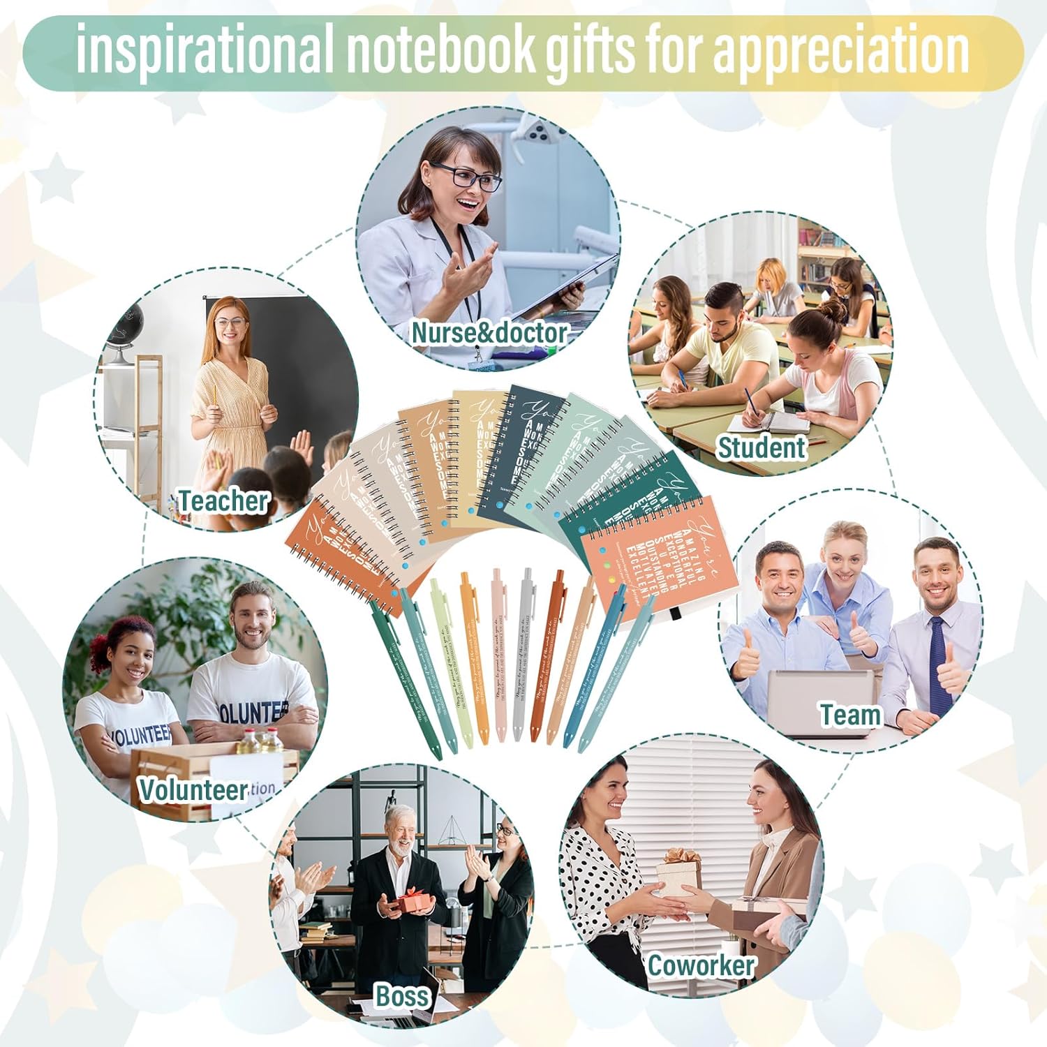 Jetec 100 Pcs/50 Sets Motivational Spiral Notebook with Sticky Notes Pen Bulk Boho Inspirational Journals Employee Appreciation Thank You Gift for Teacher Coworker Staff Team (Healing)