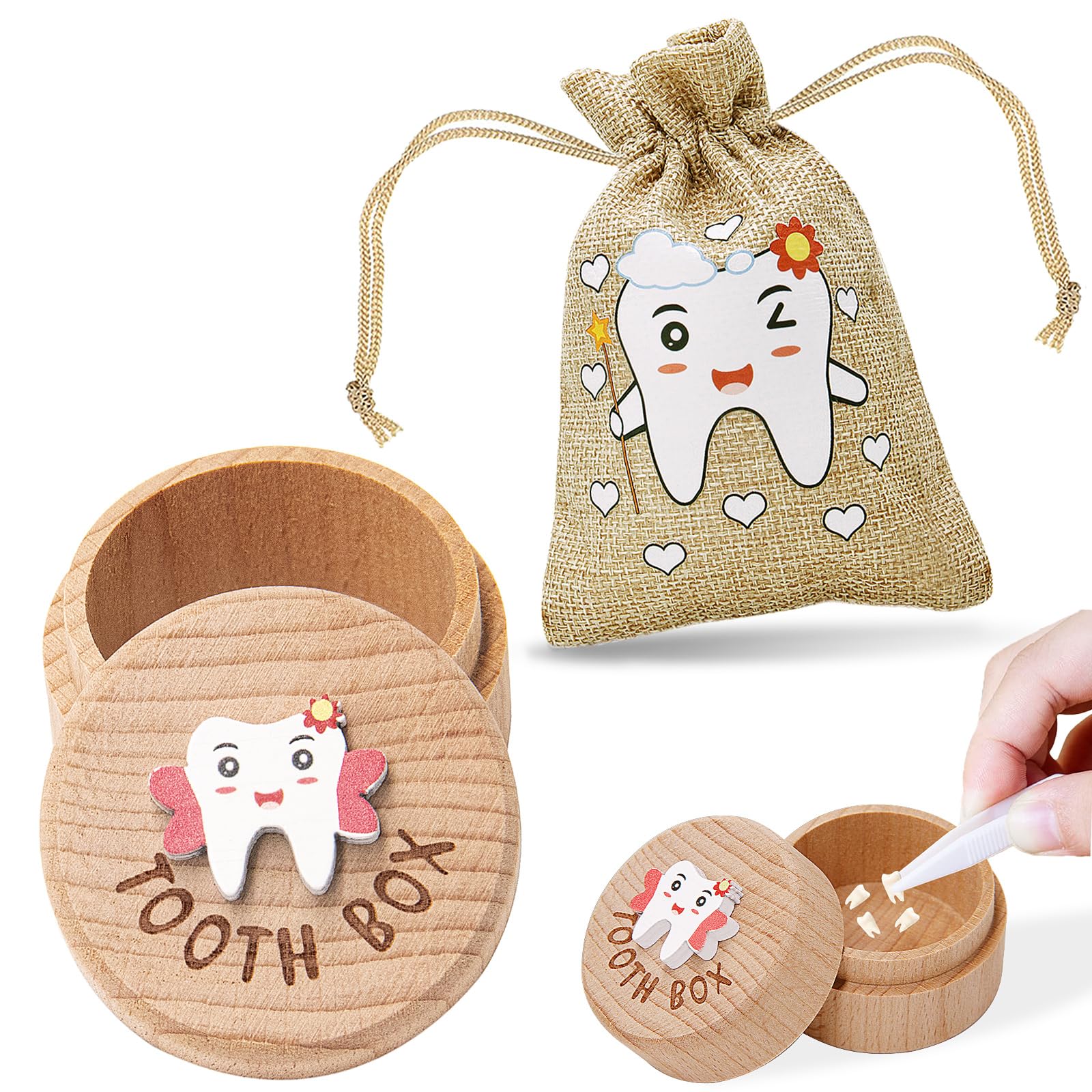 STSAIL Tooth Fairy Box 3D Carved Tooth Fairy Tooth Holder, Baby Tooth Box for Lost Tooth Wooden Tooth Keepsake Box, Tooth Holder for Kids Teeth With Tooth Fairy Bag Storage Toddler Tooth Box Gift