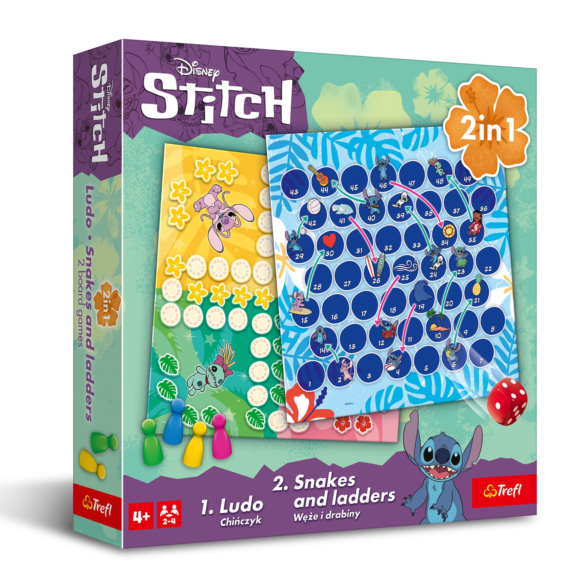 Trefl - Chińczyk, Węże i Drabiny: Lilo & Stitch - Gra 2w1, Rodzinna Klasyczna Gra Planszowa z Bohaterami Bajki Lilo & Stitch, Dwustronna Plansza, Proste Zasady, Dla Dorosłych i Dzieci od 4 lat