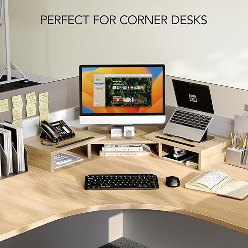 Miniatura 7 de AMERIERGO Soporte para monitor dual longitud y ángulo ajustables, soporte para monitor de computadora con 2 ranuras, organizador de escritorio,