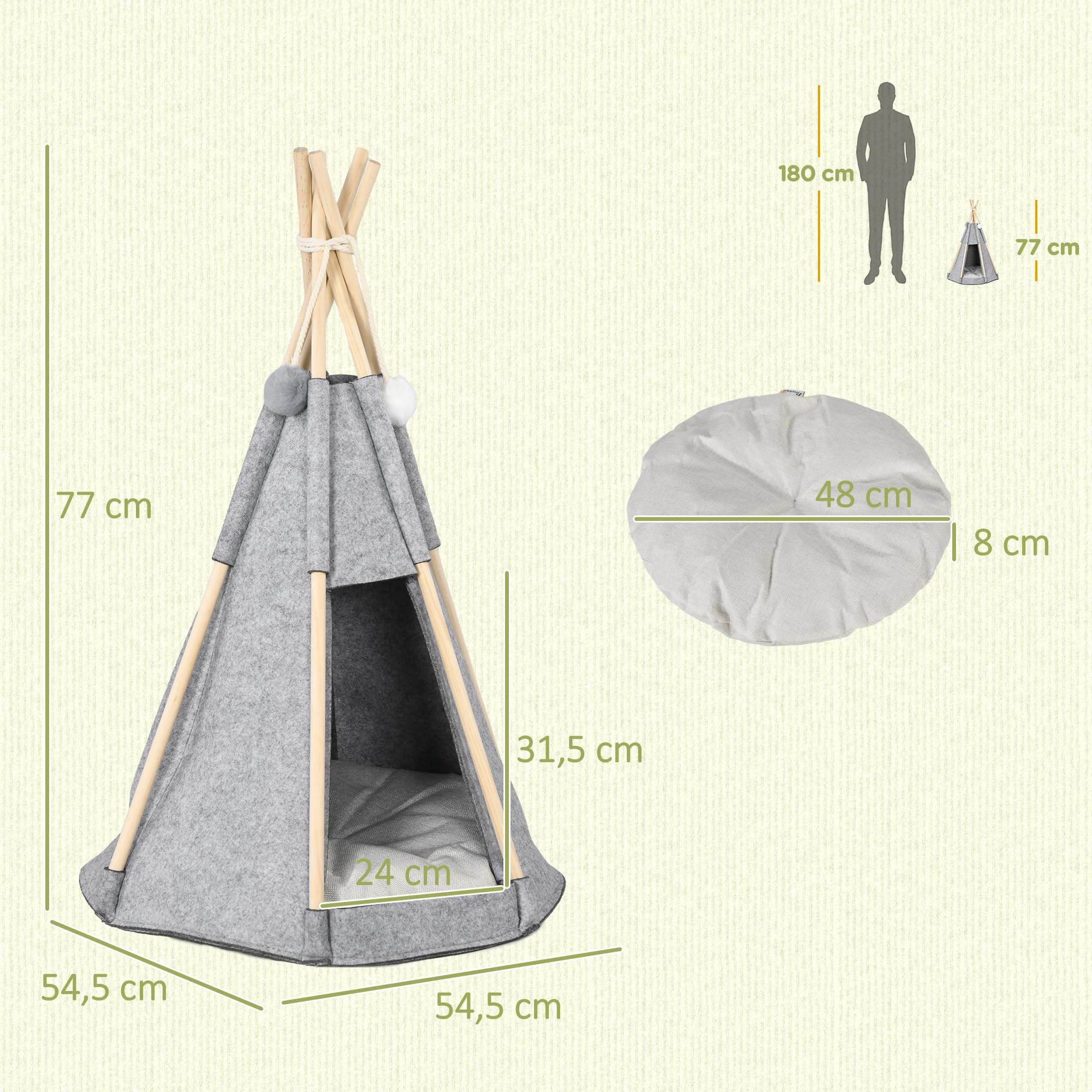 PawHut Namiot tipi dla zwierząt - Teepee Cat or Dog - Gruba poduszka Grand Comfort 2 pompki w zestawie - domek dla kota, struktura drewna sosnowego, filc pluszowy, szary