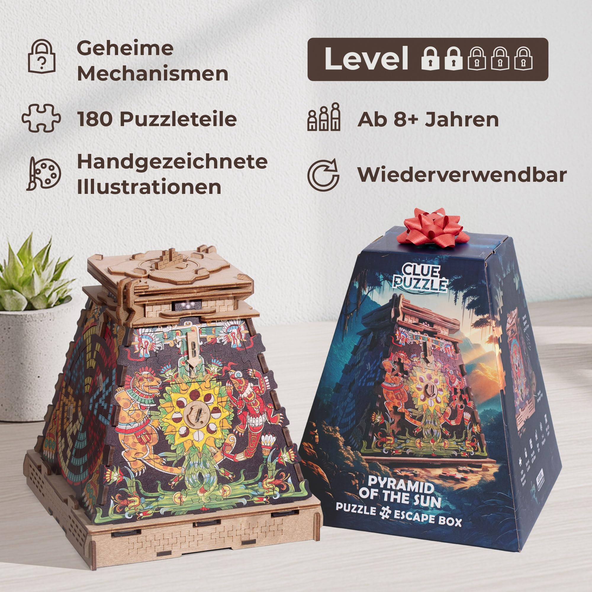 iDventure Cluepuzzle Sonnenpyramide, 3D Holzpuzzle Rätselbox für Erwachsene | Aztekenpyramide, Escape Room Spiel, 3D Jigsaw Puzzle, Knobelspiel, Logikrätsel, Familienspiel mit Geheimfach im Inneren