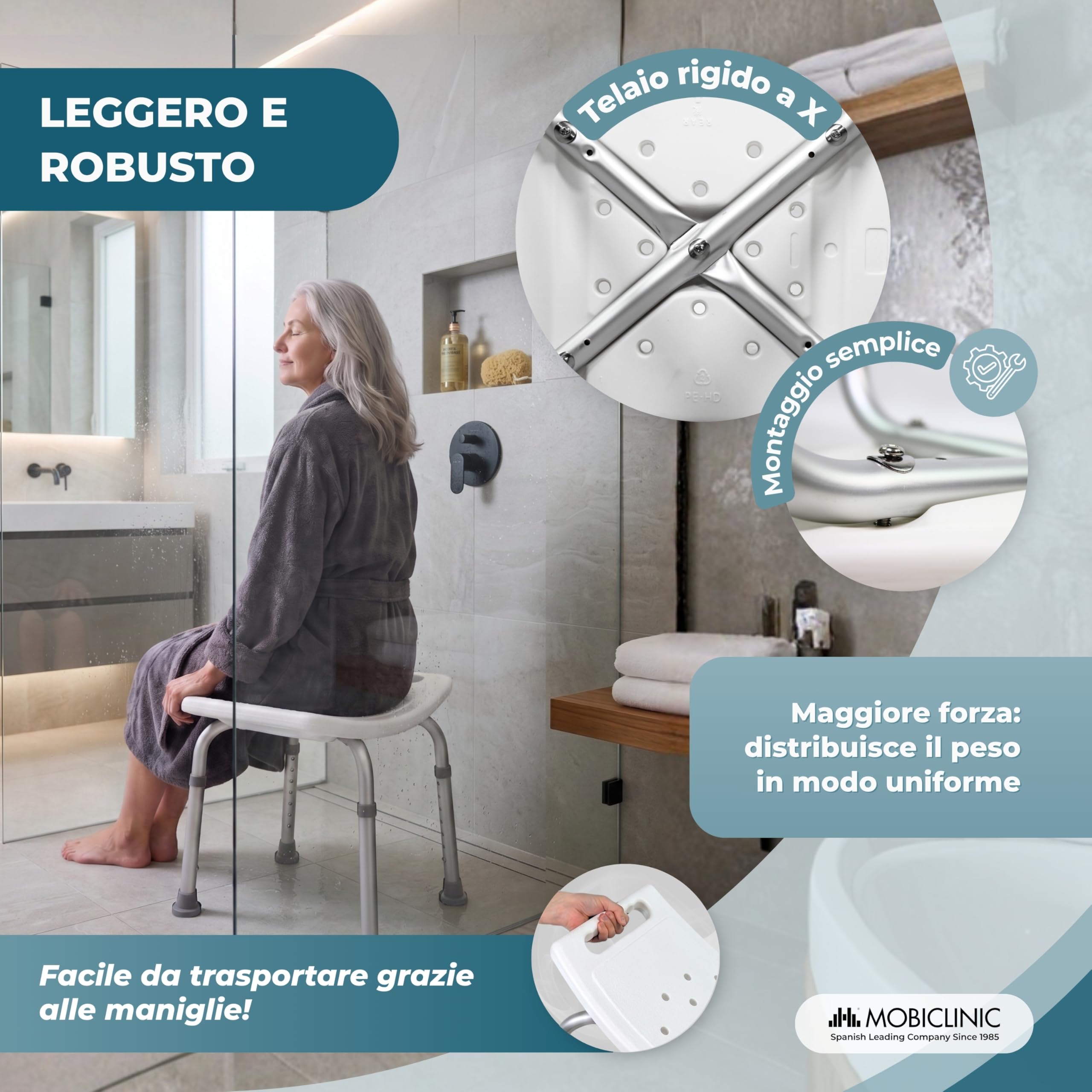 Mobiclinic®, Sgabello da Bagno, Piedini Antiscivolo, 7 Altezze Regolabili, Sedile a Forma di U, Fori di Drenaggio, Portata Massima 100 kg, Leggero, Facile da Montare, Alluminio, San Fermín