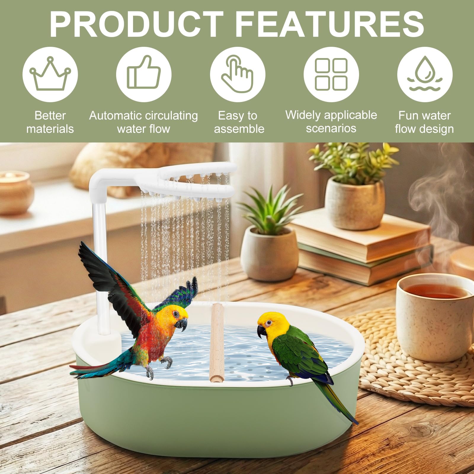 Automatische Vogelbadewanne mit USB-Wasserzirkulation | Robuste Vogeldusche & Papageienbad. Ideal für Wellensittiche, Nymphensittiche und Agaporniden. Fließendes Wasser per USB.