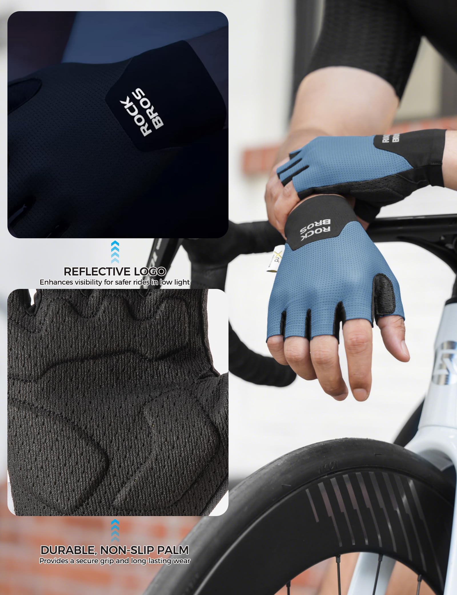 ROCKBROS Guantes Cortos de Ciclismo con Acolchado PORON XRD para Hombre y Mujer, Transpirable, Antideslizante para MTB, Bicicleta de Carretera, Deportes al Aire Libre