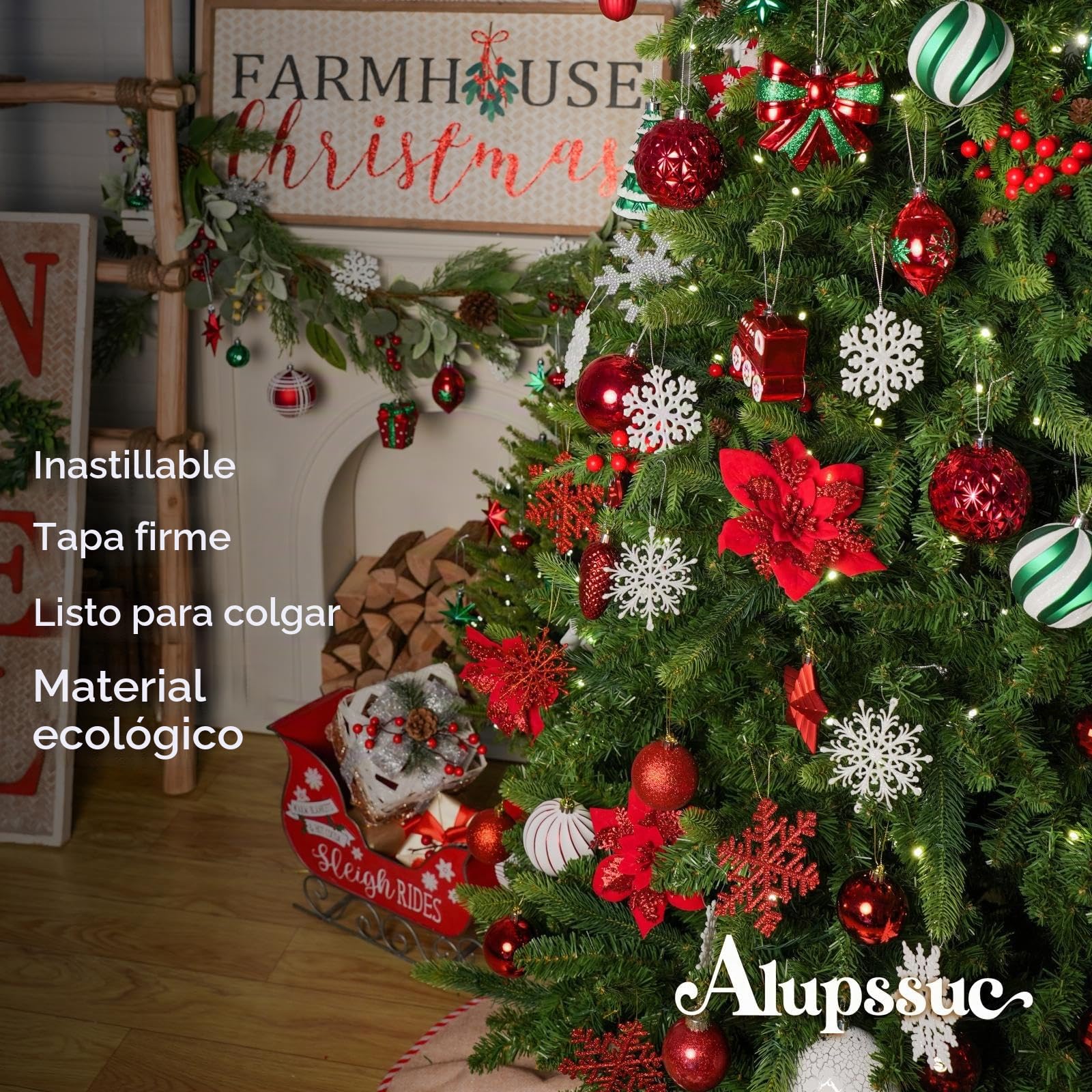 Alupssuc 82 Bolas Arbol de Navidad Irrompibles, Decoracion Arbol de Navidad | 82 Piezas Bolas de Navidad, Cuerdas Precolgadas, Plástico Irrompible, para Árbol/Hogar/Fiestas/Bodas, Rojo, Verde y Blanco