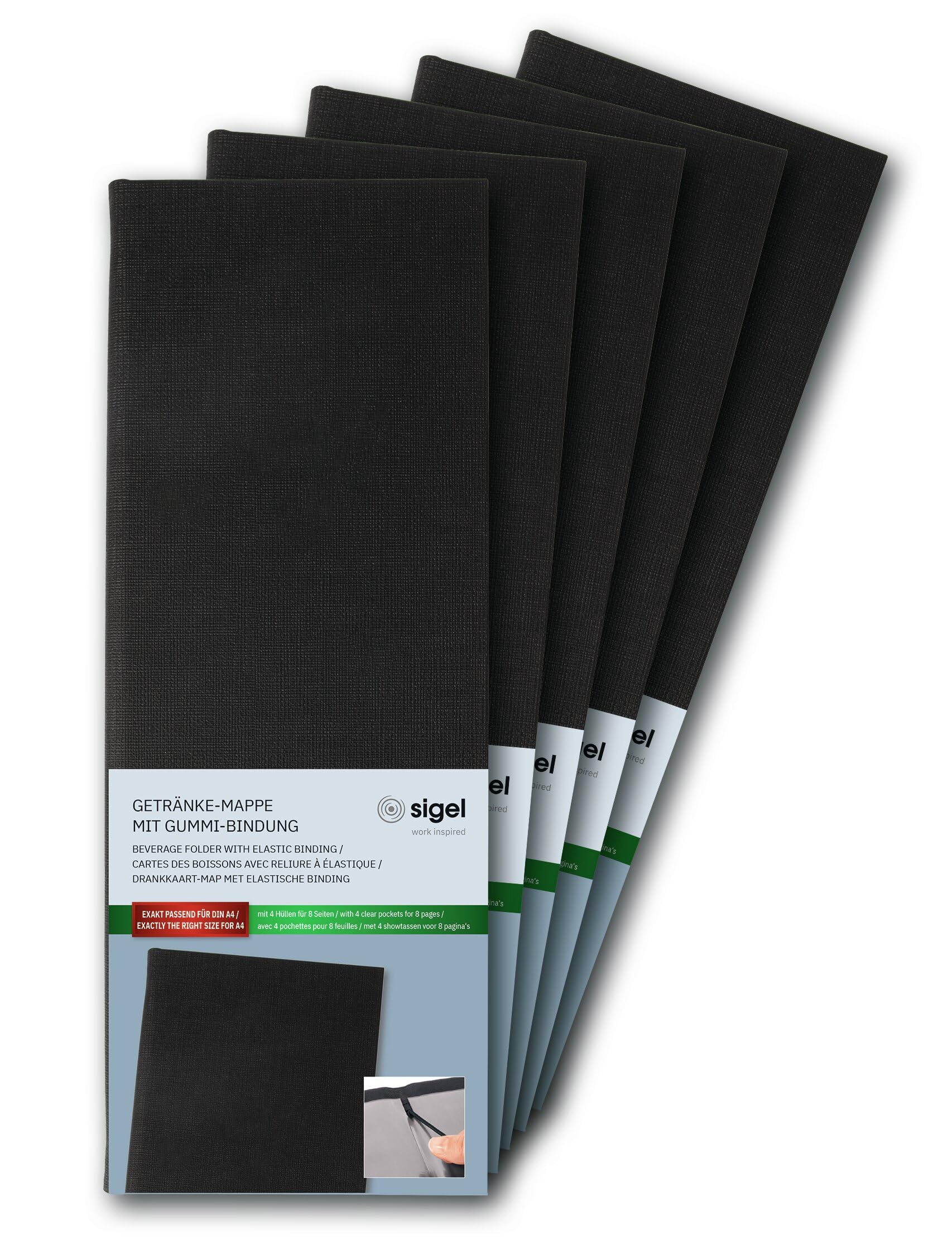 SIGEL GM100 Beverage Folder - 1 piece - incl. 2 Double Clear Pockets for 8 Pages - Rubber Binding - 1/2 A4 - Black - Pack of 5