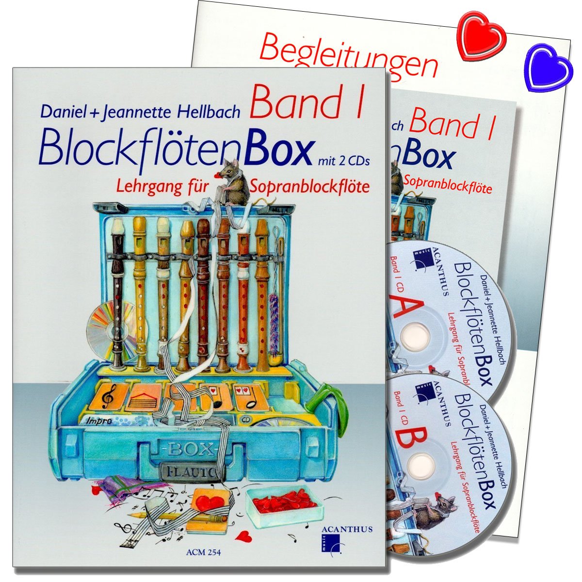BLOCKFLÖTENBOX Band 1 mit 2 CDs und Klavierbegleitung - Sopranblockflötenlehrgang für Kinder von Daniel Hellbach - Überarbeitete und verbesserte Neuauflage - 2 X herzförmiger Notenklammer