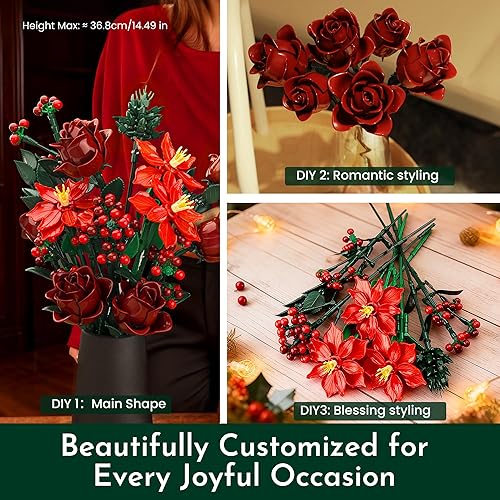 Miniatura 5 de Juego de construcción de ramo de rosas para el día de la mujer, para adultos, decoración botánica floral de Pascua artificial para centro de mesa,