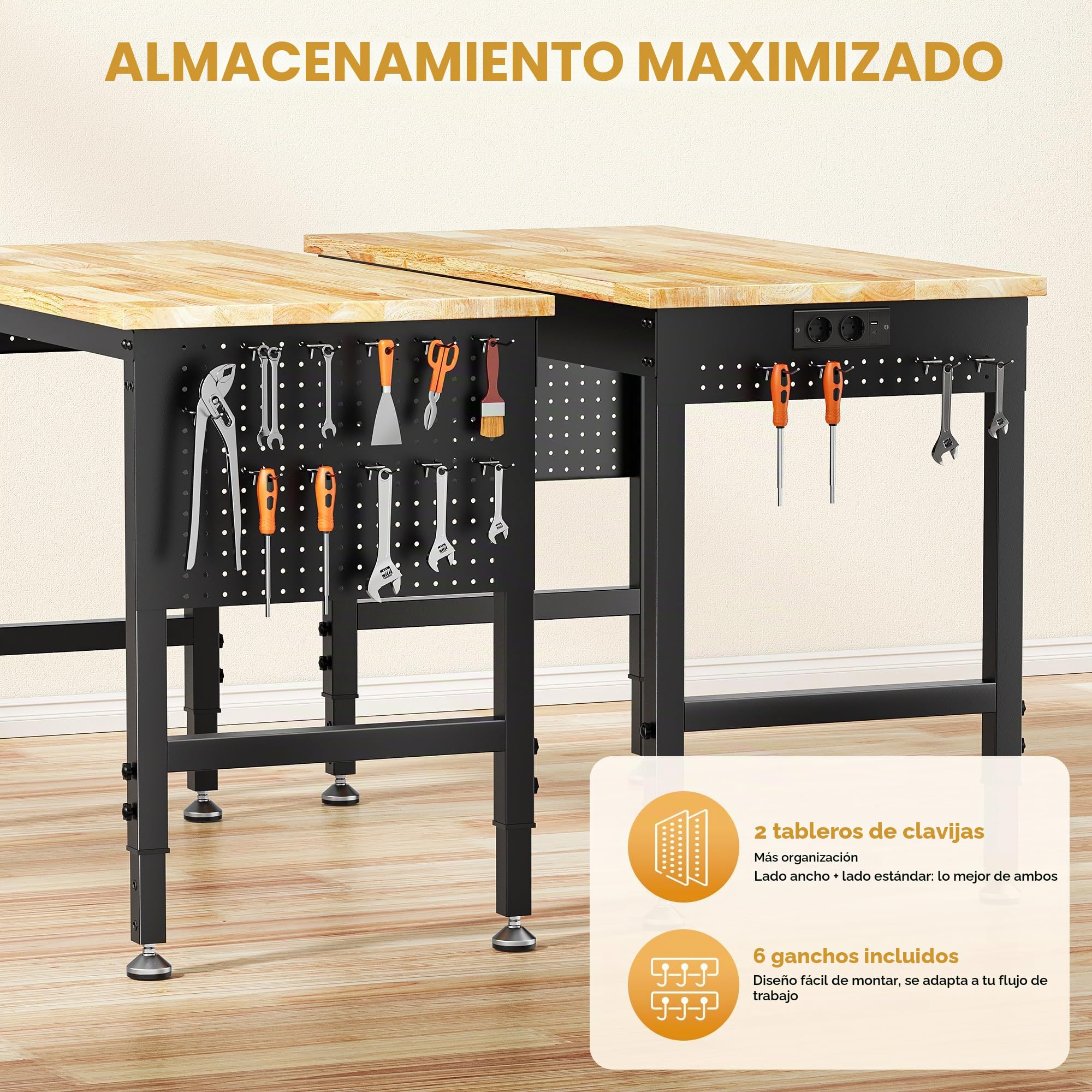 Banco de trabajo ajustable de alta resistencia de 121 x 60 cm, capacidad de carga de 2000 libras (907 kg), mesa de trabajo de madera de caucho con tablero de clavijas, regleta de alimentación