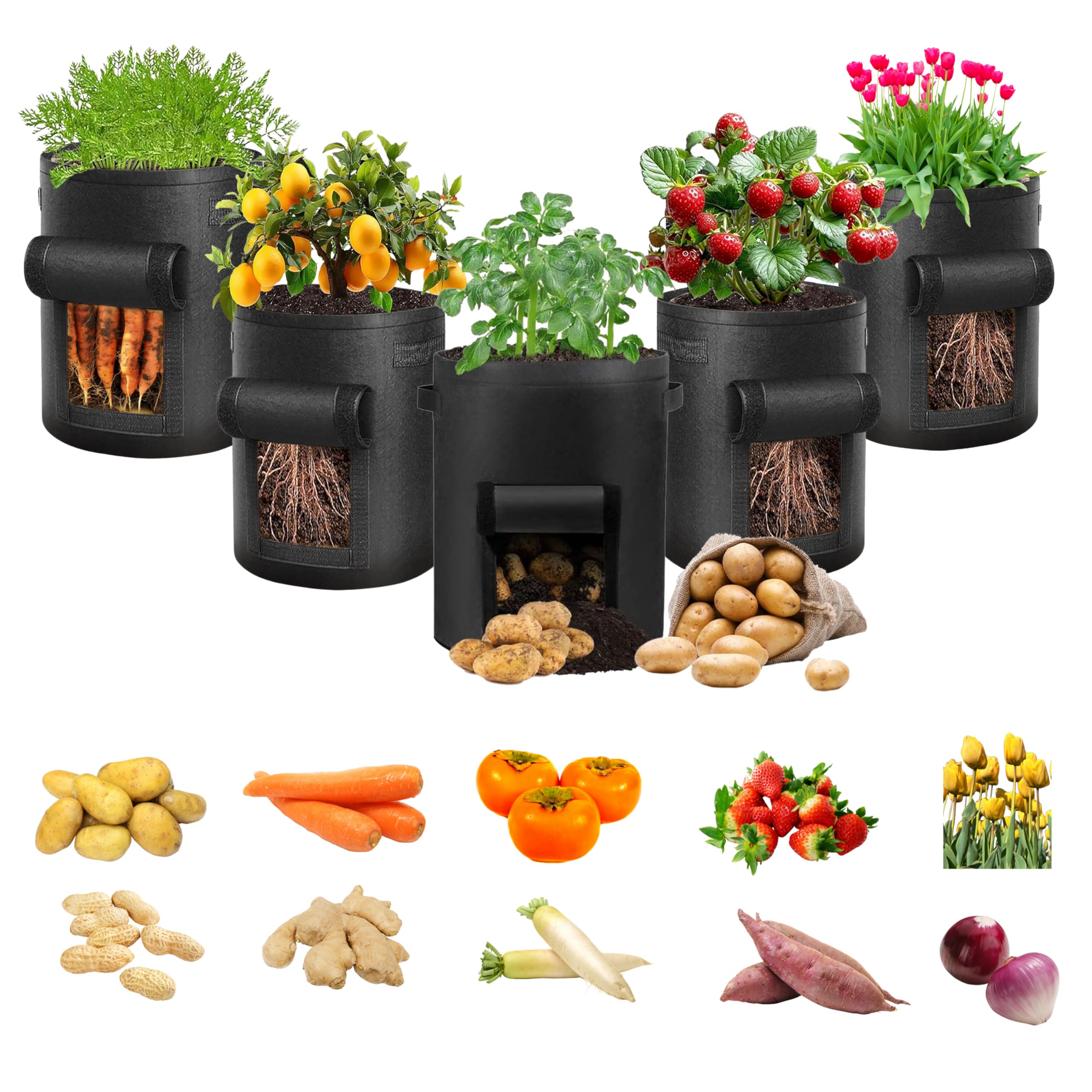 Lot de 5 sacs de culture pour pommes de terre de 38 litres - Sacs de culture avec poignées et rabat transparent pour pommes de terre, carottes, tomates et autres légumes