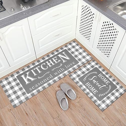 Miniatura 2 de Juego de 2 tapetes de cocina a cuadros de búfalo gris, antideslizantes, gruesos, para el suelo, cómodos tapetes de pie para cocina, fregadero,