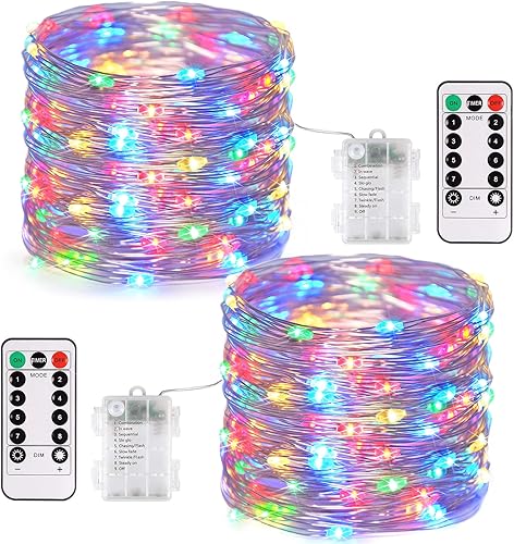 Vista 96 de JMEXSUSS Paquete de 2 luces de hadas azules que funcionan con pilas, 100 luces LED azules de 33 pies impermeables con temporizador remoto, luces