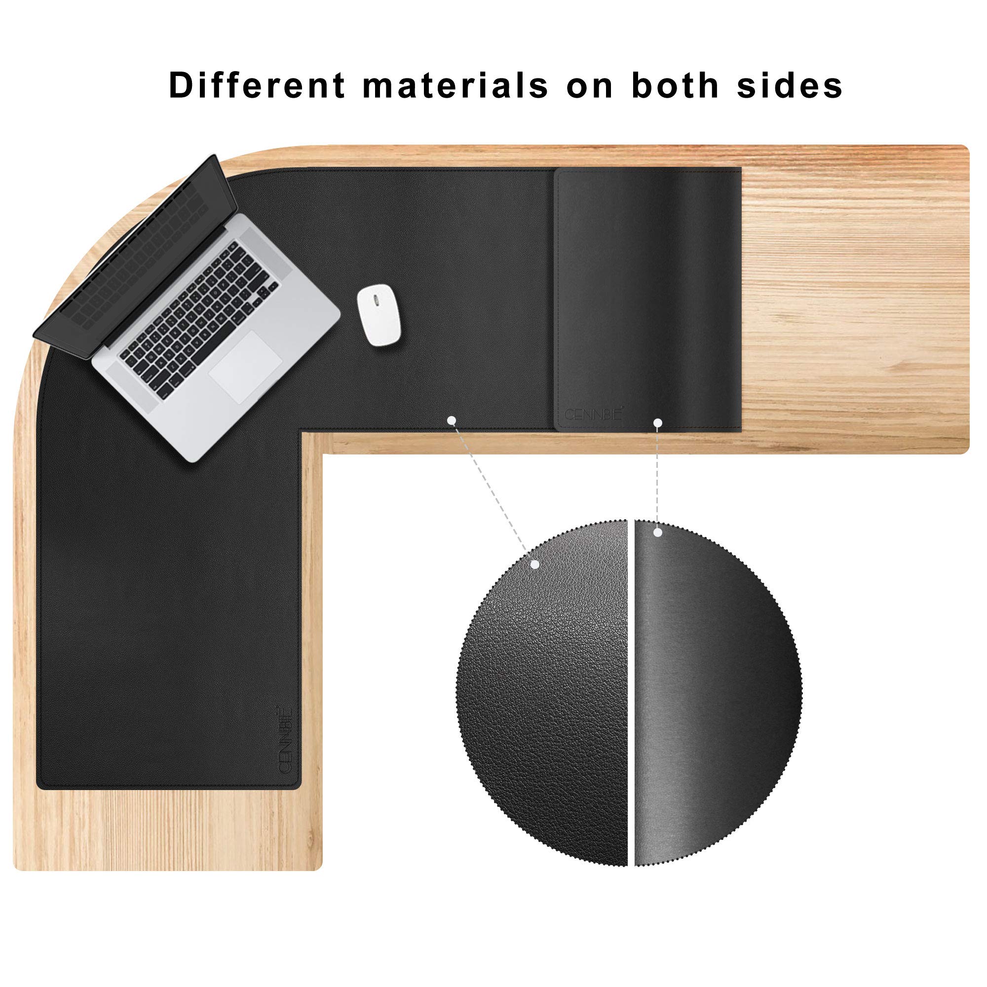 CENNBIE Tapis de bureau en cuir en forme de L,120x140x40cm Tapis de bureau double face en forme de L,énorme Tapis de souris,Sous main bureau imperméable pour le bureau et la maison(noir)