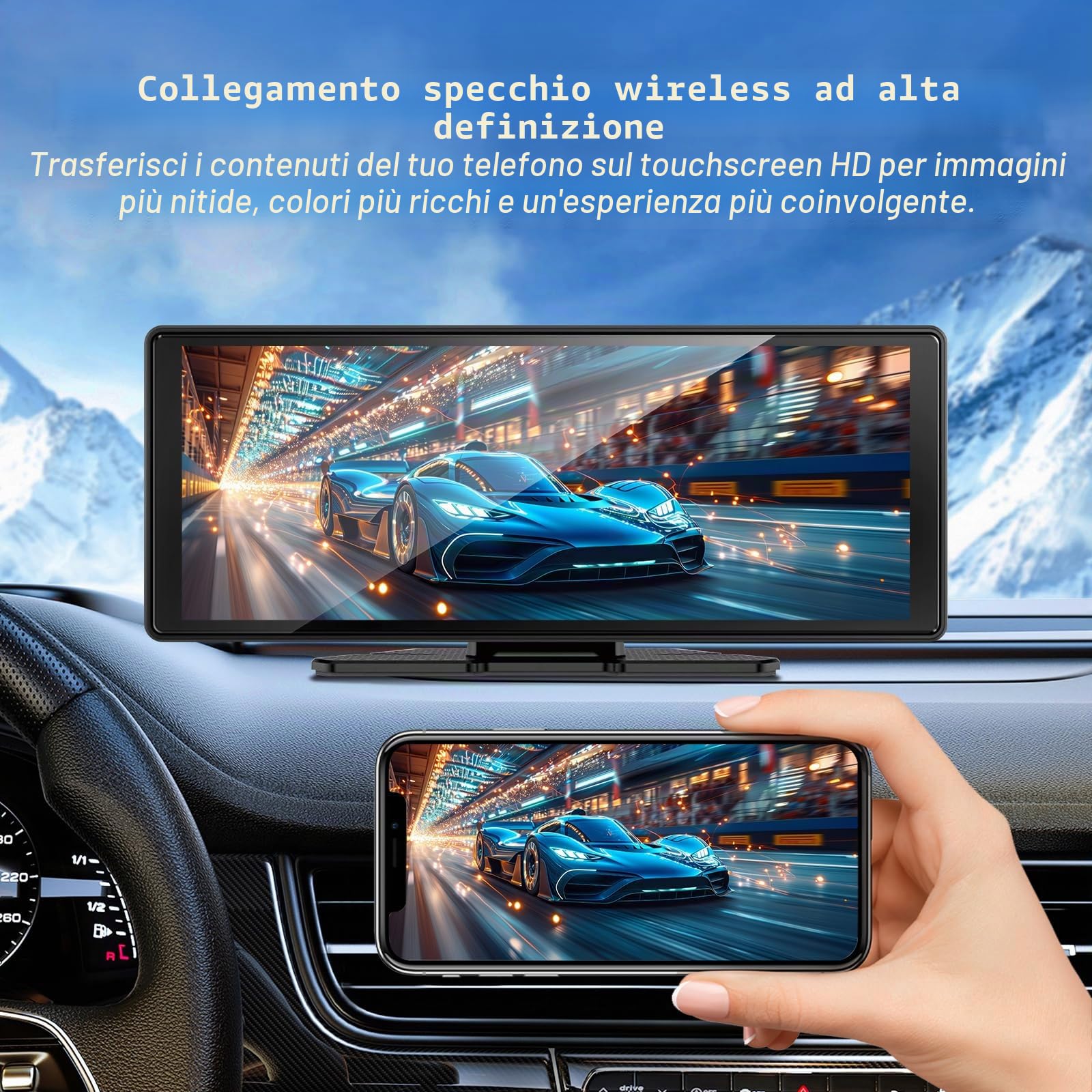 10.26" Wireless Carplay Screen Android Auto Wireless Display 4K Dash Cam | Schermo per auto con Navigazione GPS Telecamera Portatile Autoradio Bluetooth Controllo vocale TouchScreen Mirror Link AUX FM