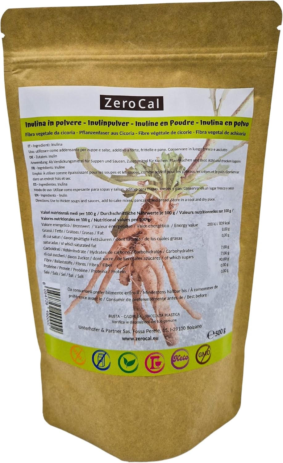 ZeroCal – Inulin Powder 500 g | Naturally Derived from Chicory Root | Natural Prebiotic – 90% Fibres – Gluten Free | Superior Quality | Origin Europe