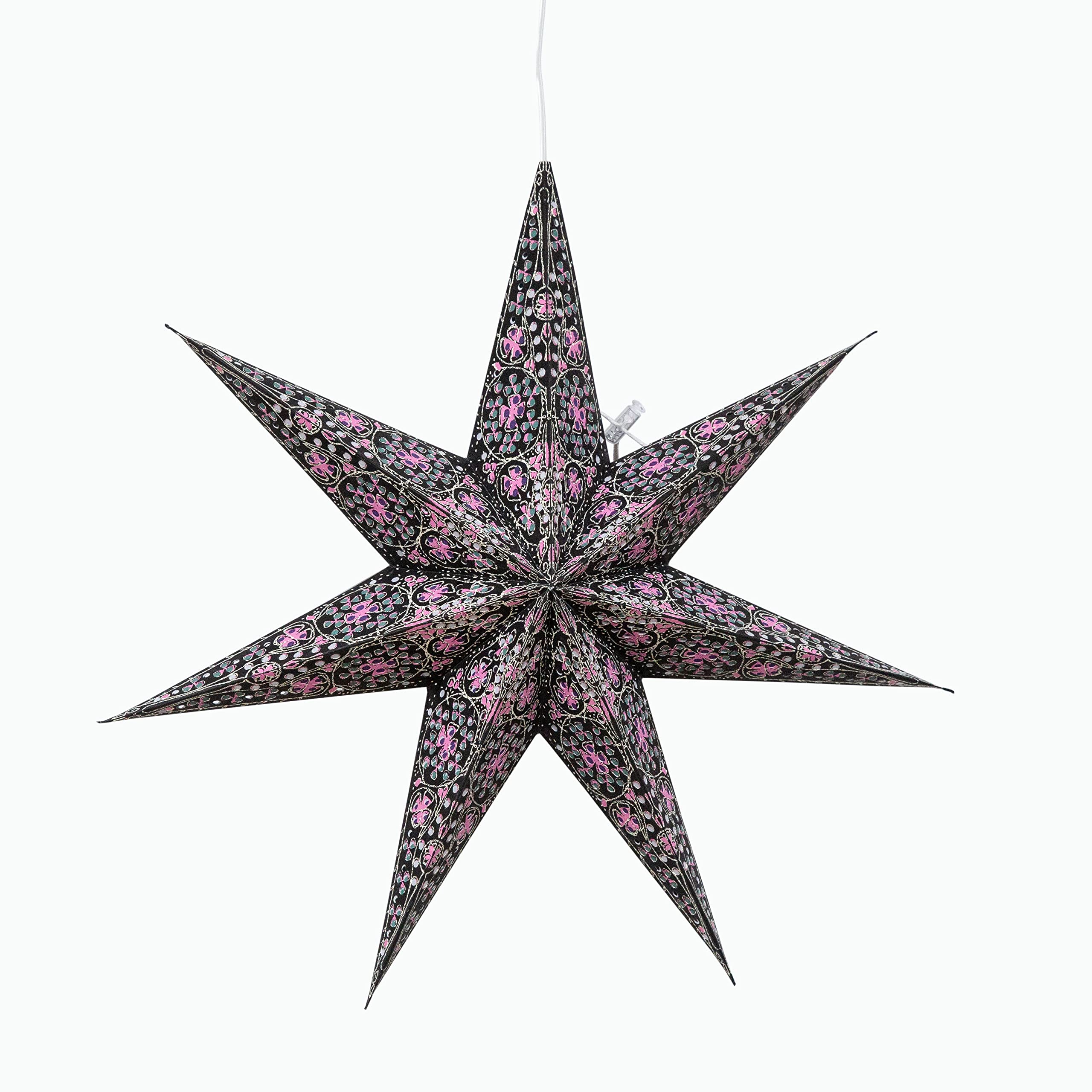 Artschatz Cathedral Paper Lantern Star Light - 7 Point Ø 16 inch - Black/Pink with Violet/Turquoise Tissue Inlay
