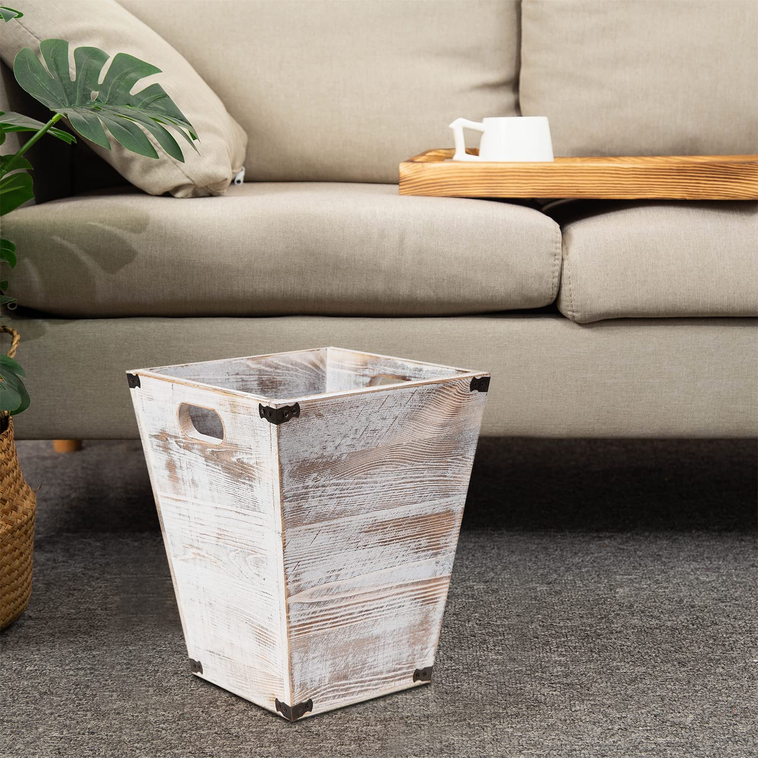 VERGOODR Farmhouse Style Wooden Square Trash Can with Cutout Handles Decorative Metal Wastebaskets for Bedroom,Living Room, Bathroom & Office,Waste Bin Trash bin