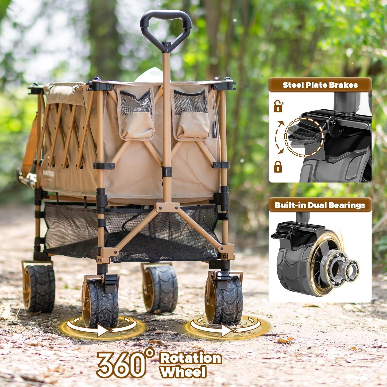 Whitsunday Double Decker Wagon, Heavy Duty Foldable Large Beach Wagon Cart with All-Terrain Big Wheels for Sports,Camping,Outdoor Khaki