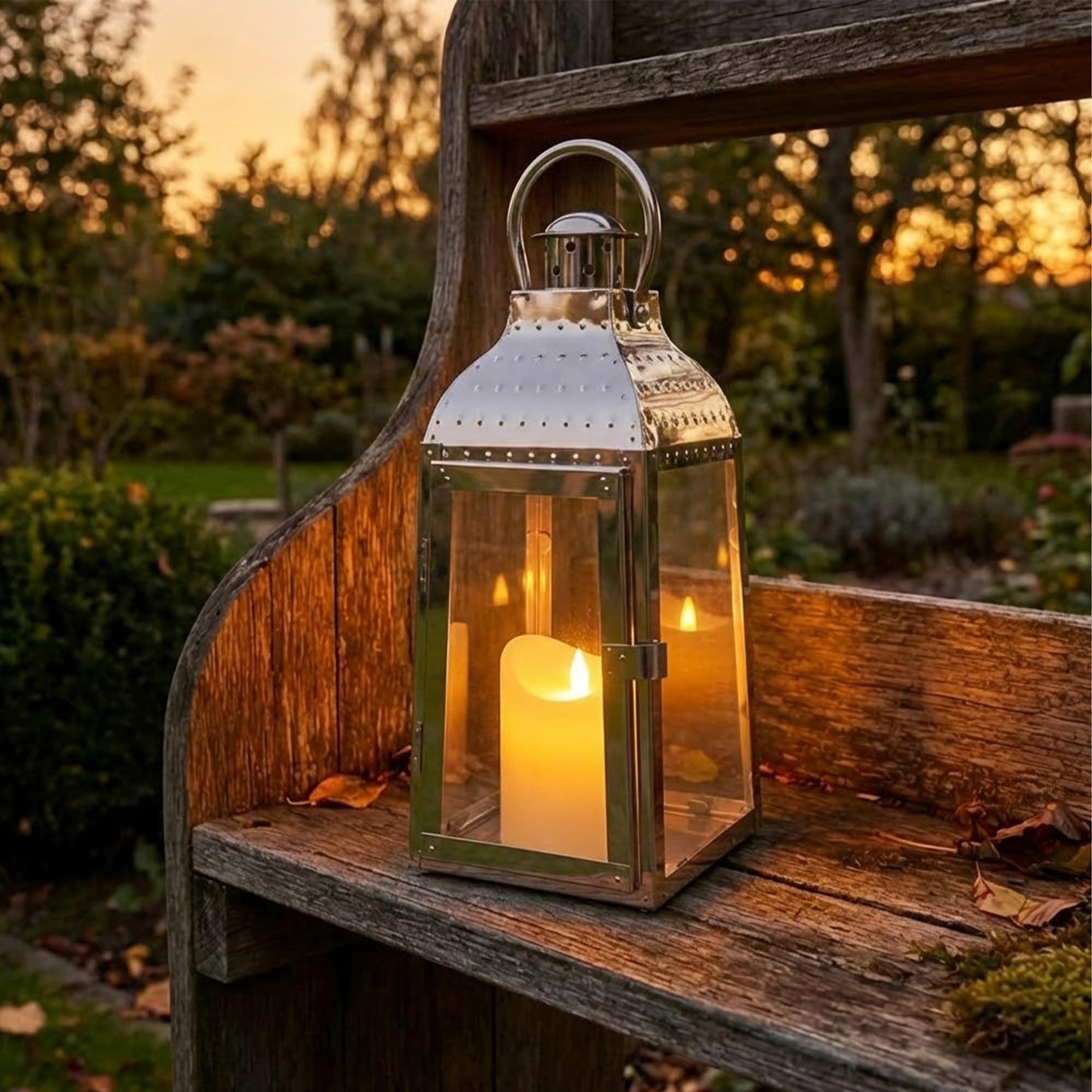 Trirocks Silver Stainless Steel Candle Lanterns 30Cm H Decorative Candle Holders With Tempered Glass For Indoor Outdoor Porch Garden Parities Wedding Events (Silver)