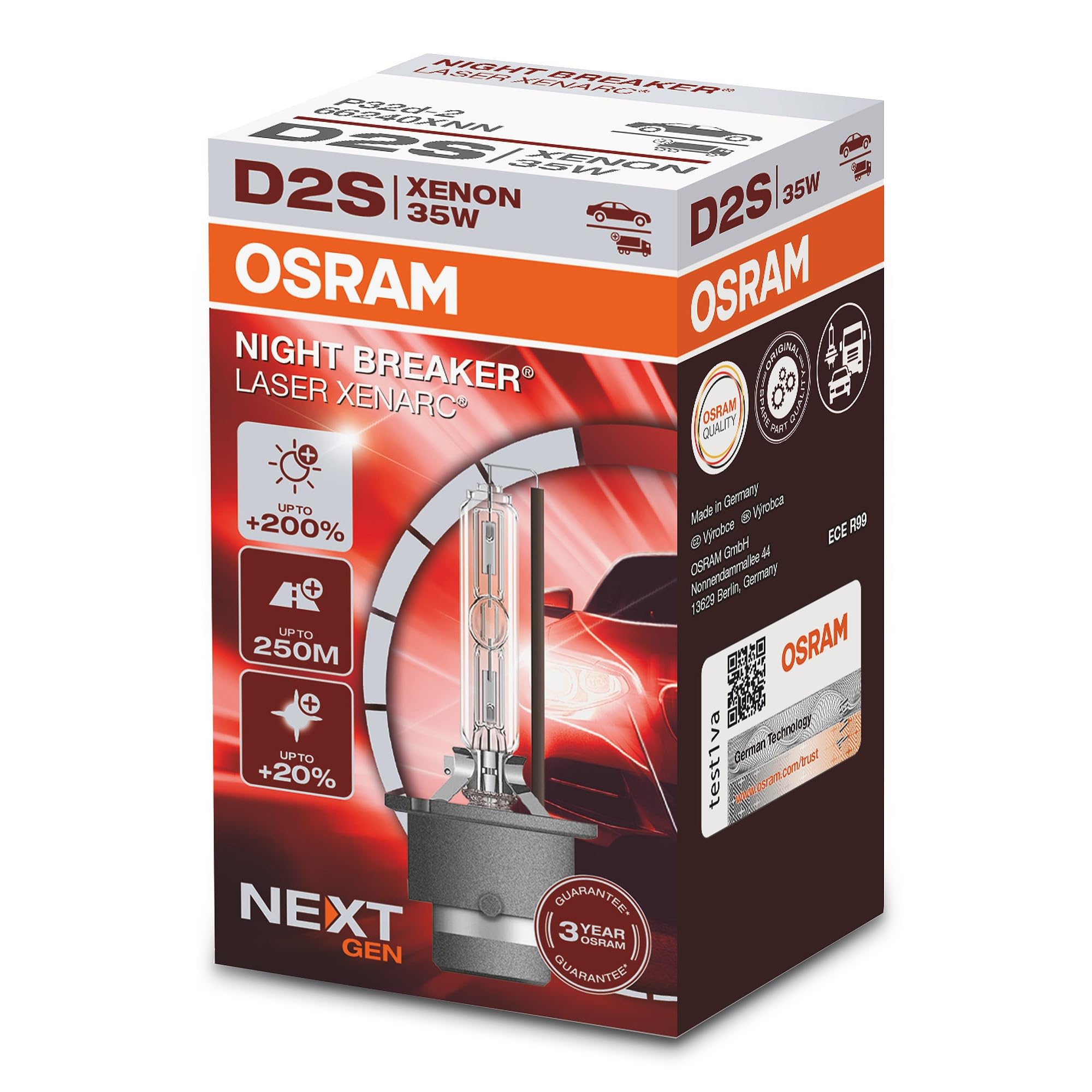 OSRAM XENARC NIGHT BREAKER LASER D2S, Next Generation, 200% more brightness, HID xenon bulb, 66240XNN, folding box (1 lamp), white