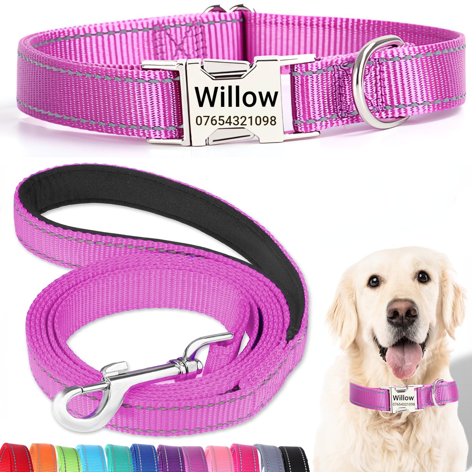 SEOUGEE Personalised Dog Collar and Lead Set with Engraved Metal Buckle, Reflective Nylon Dog Collars and Leash for Medium Dogs with Custom Name Plate Phone Number (Purple Set, M:Neck 35-50cm)