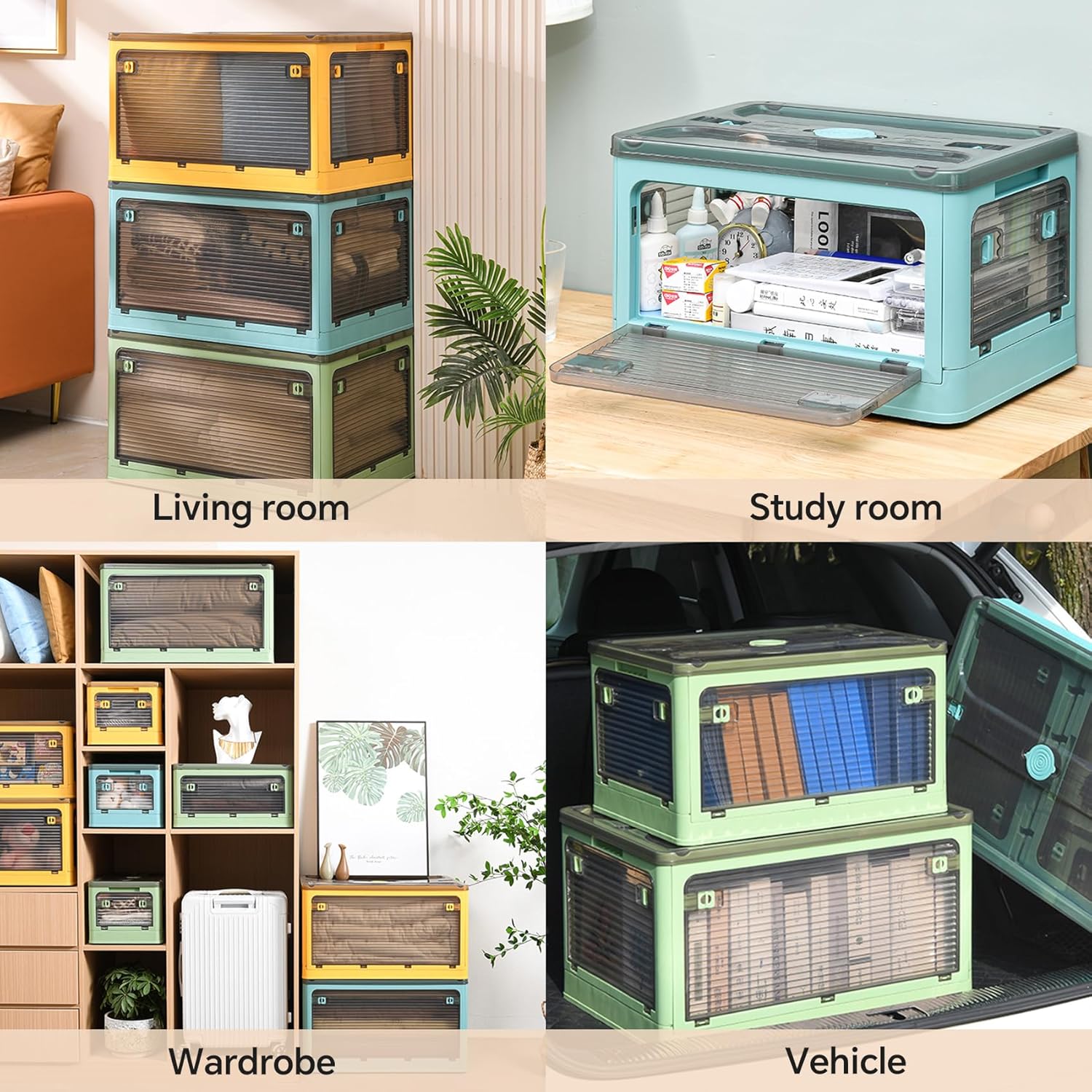 3-Pack Stackable Storage Bins, 50-Liter Collapsible Organizers with 3 Lids, Wheels, and Drawers; Foldable, Collapsible Box for Outdoor Camping, White