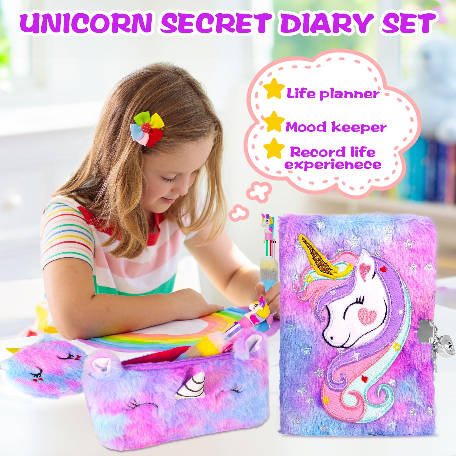 Set di 4 Diario Segreto Bambina con Lucchetto, Peluche Quaderno con Chiave e Lucchetto, 160 Pagine A5 Unicorno Diario Set con Portamonete e Astuccio e Penna, Regalo per Bambina 5-9 Anni