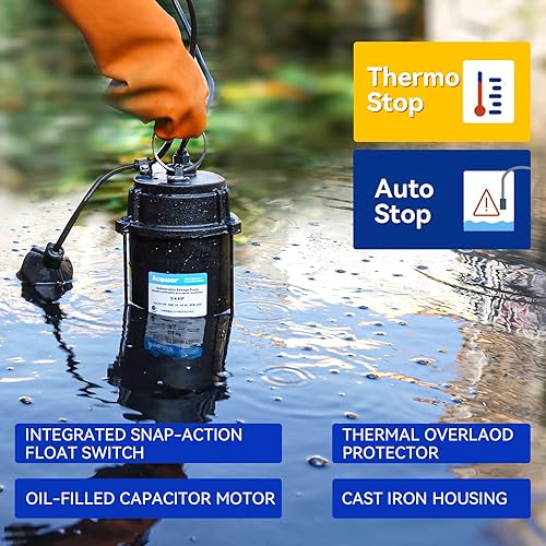 Miniatura 3 de Acquaer Bomba sumergible de efluente de aguas residuales 34HP, hierro fundido, interruptor de flotador automático atado de 115 V 6400 GPH, bomba de