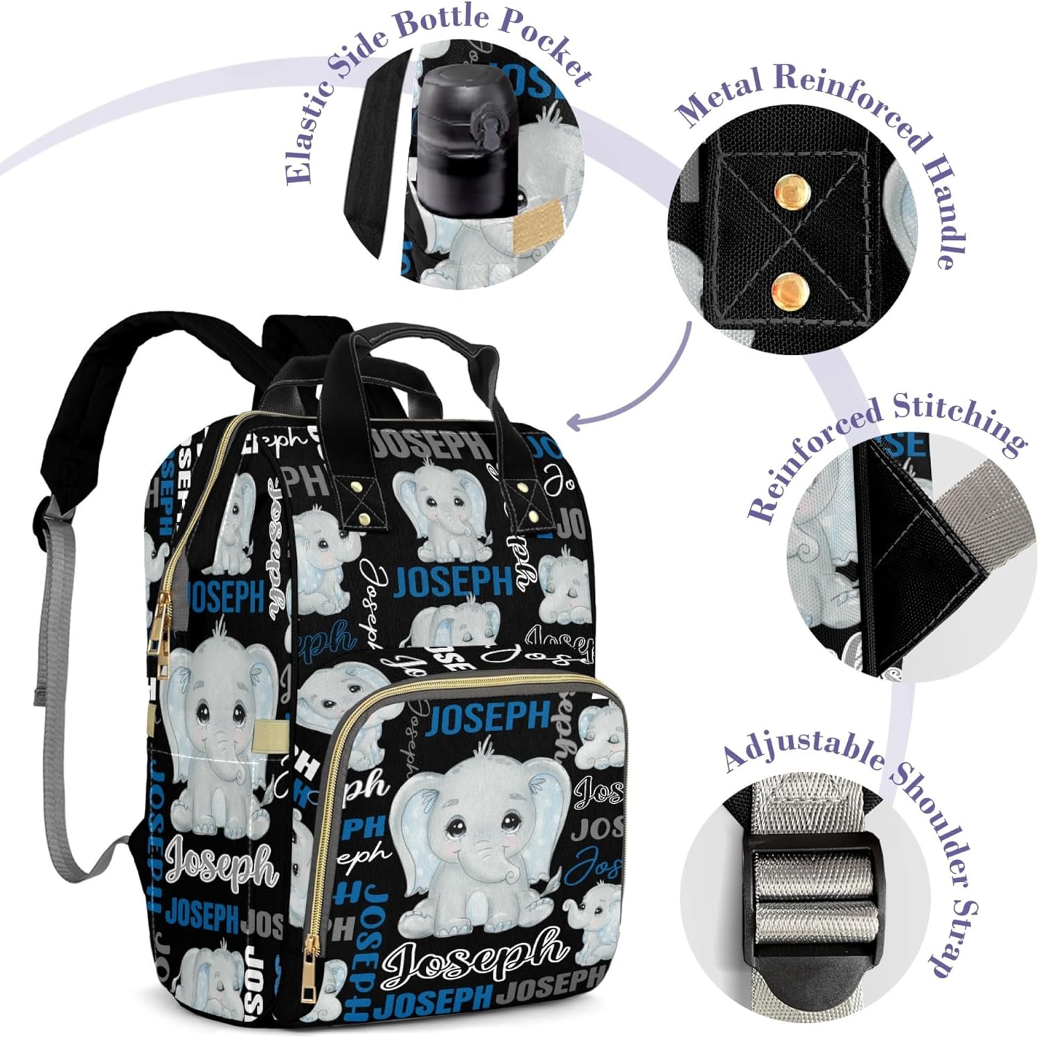 Large Capacity Custom Diaper Bag for Baby Boys with Name, Black Elephant Multifunctional Mom Personalized Diaper Bag Backpack Waterproof Women Customized Daypack Nappy Bag